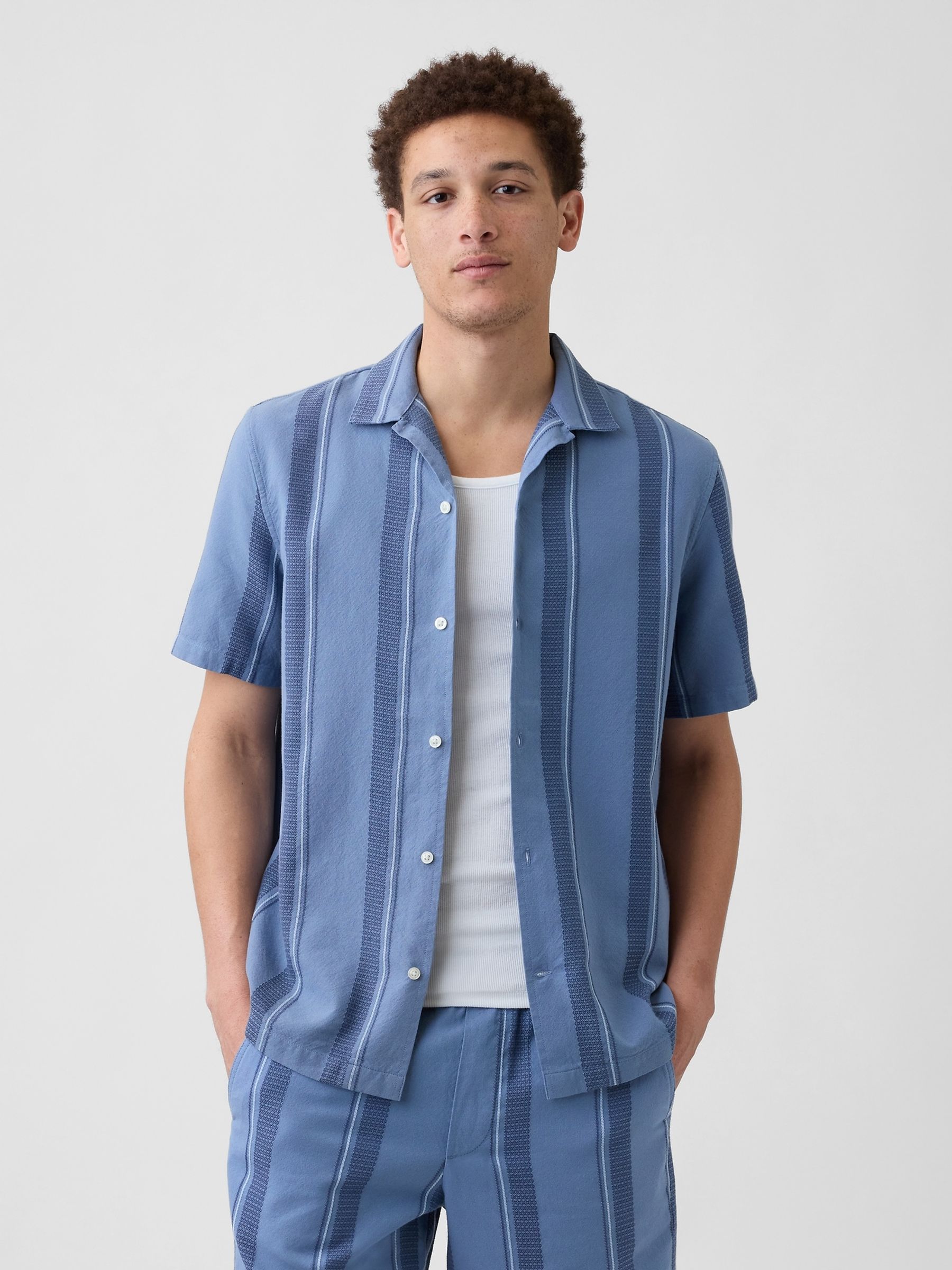 Blue Stripe Textured Holiday Short Sleeve Shirt - Image 1 of 5
