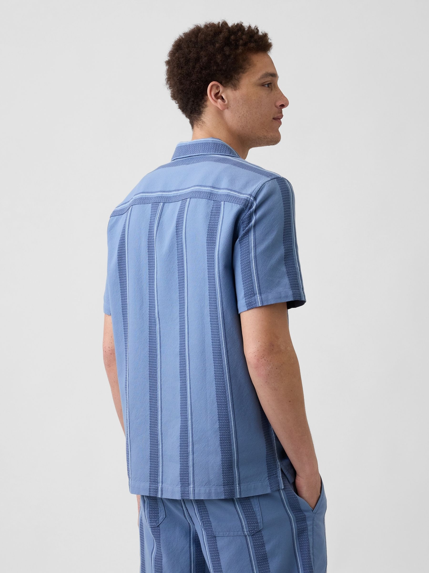 Blue Stripe Textured Holiday Short Sleeve Shirt - Image 2 of 5