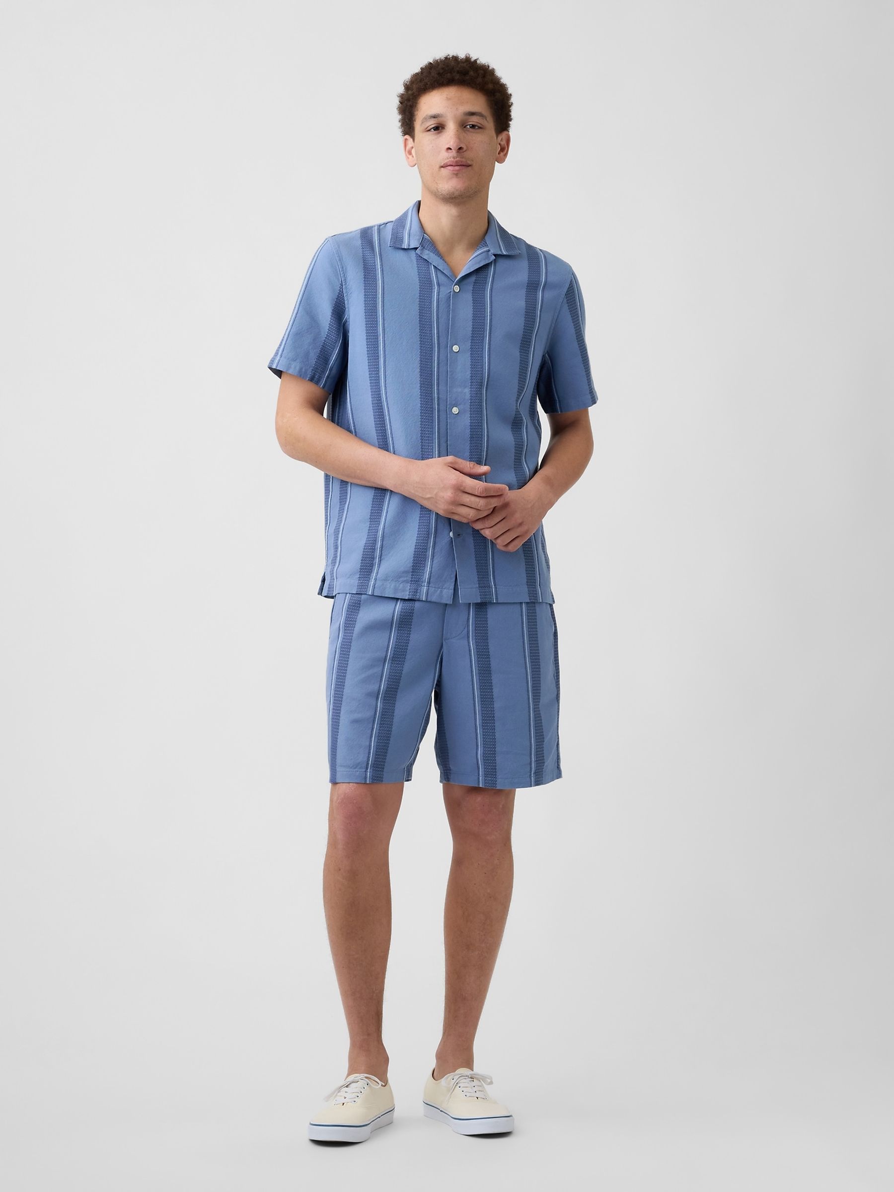 Blue Stripe Textured Holiday Short Sleeve Shirt - Image 3 of 5