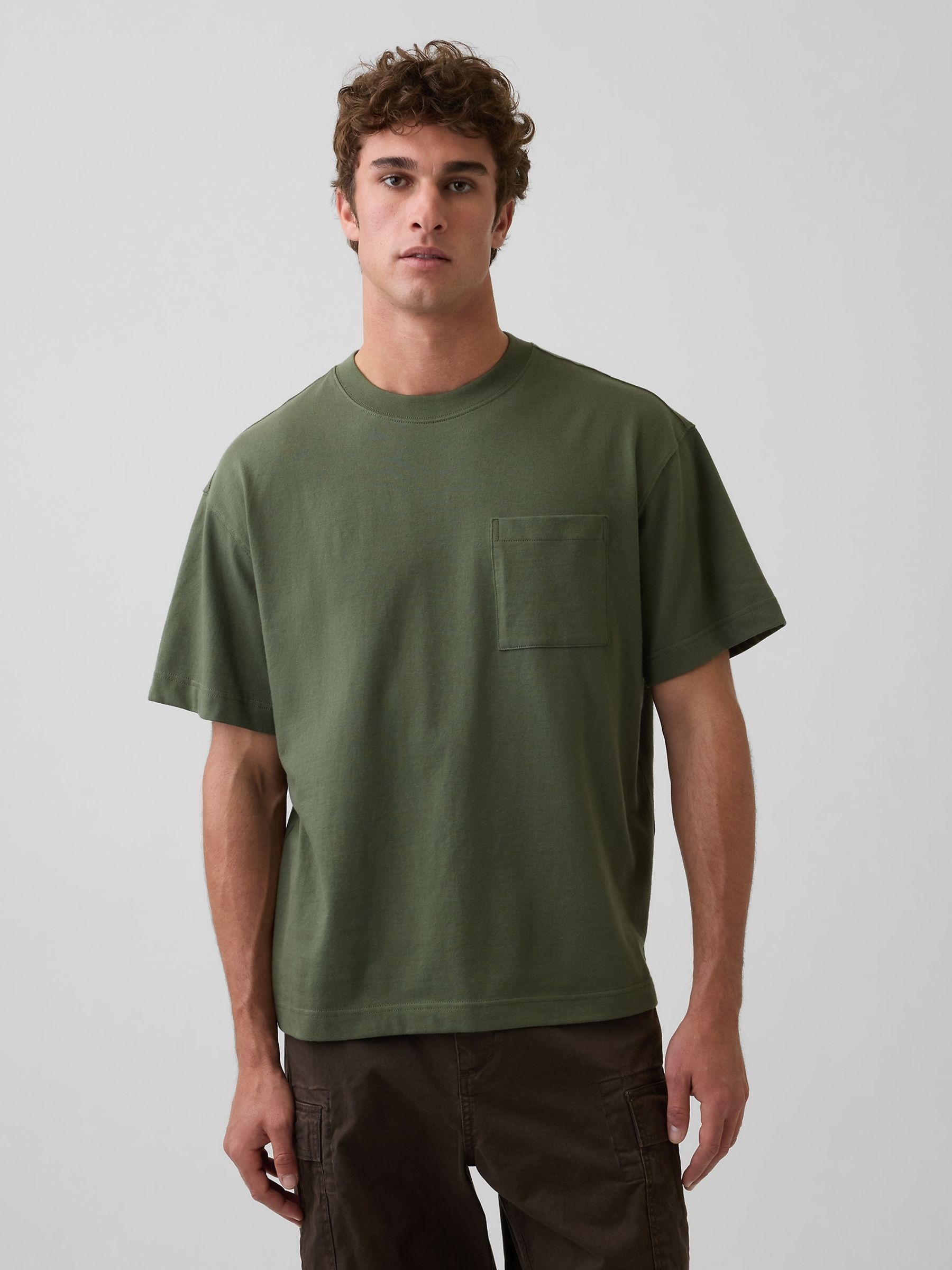 Khaki Green Oversized Boxy Pocket Short Sleeve T-Shirt - Image 1 of 4