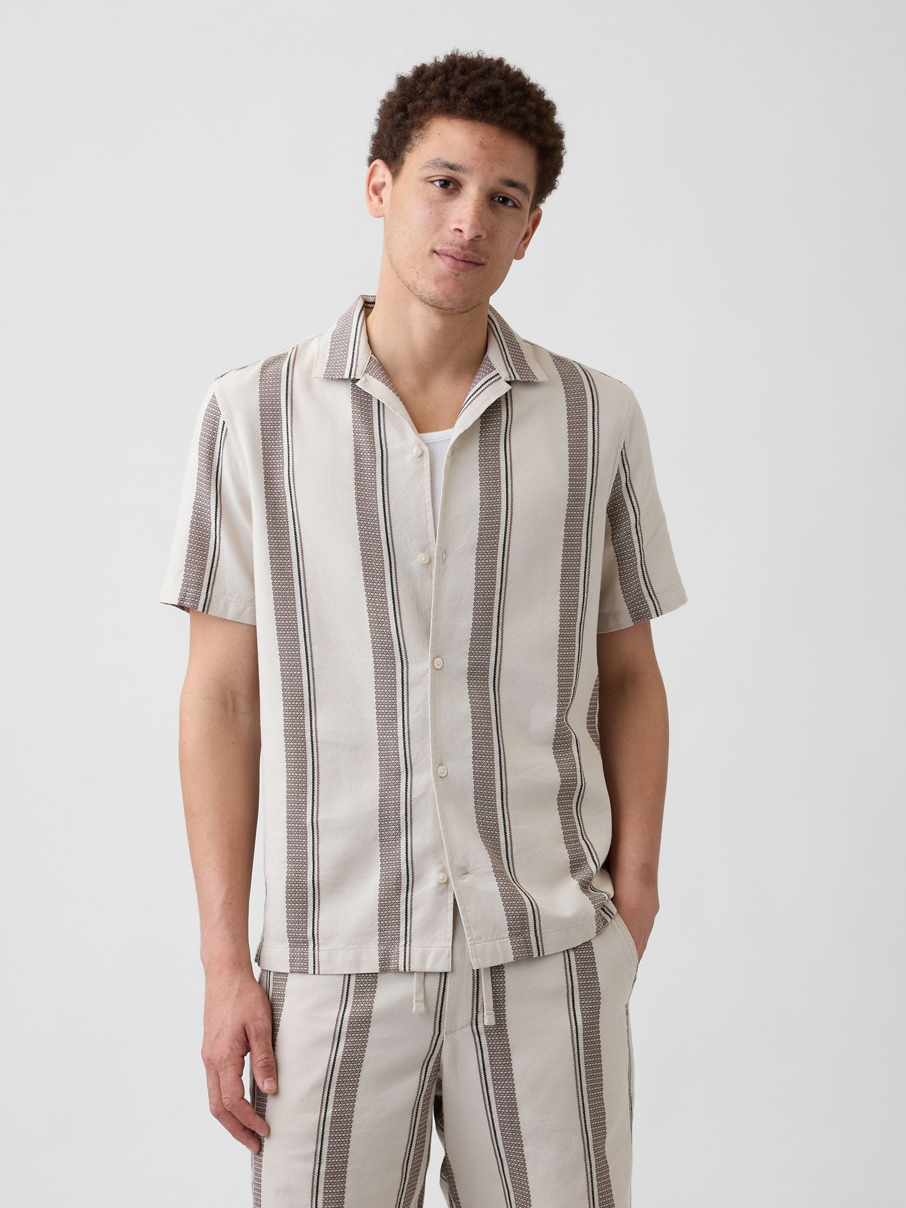 Brown Stripe Textured Holiday Short Sleeve Shirt - Image 1 of 5
