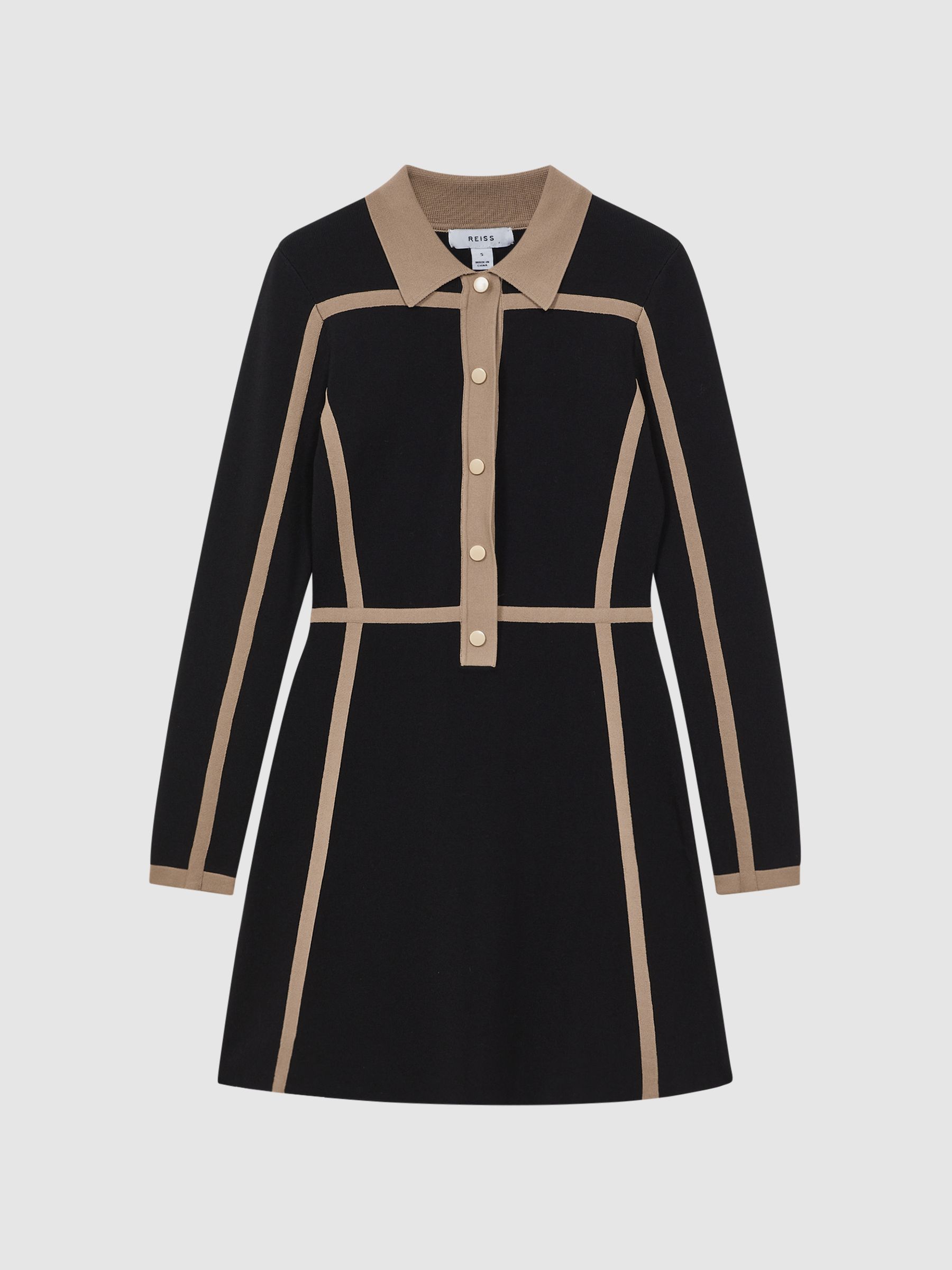 Contrast Trim Press-Stud Mini Dress in Black/Camel - Image 2 of 6 Contrast Trim Press-Stud Mini Dress in Black/Camel - Image 2 of 6