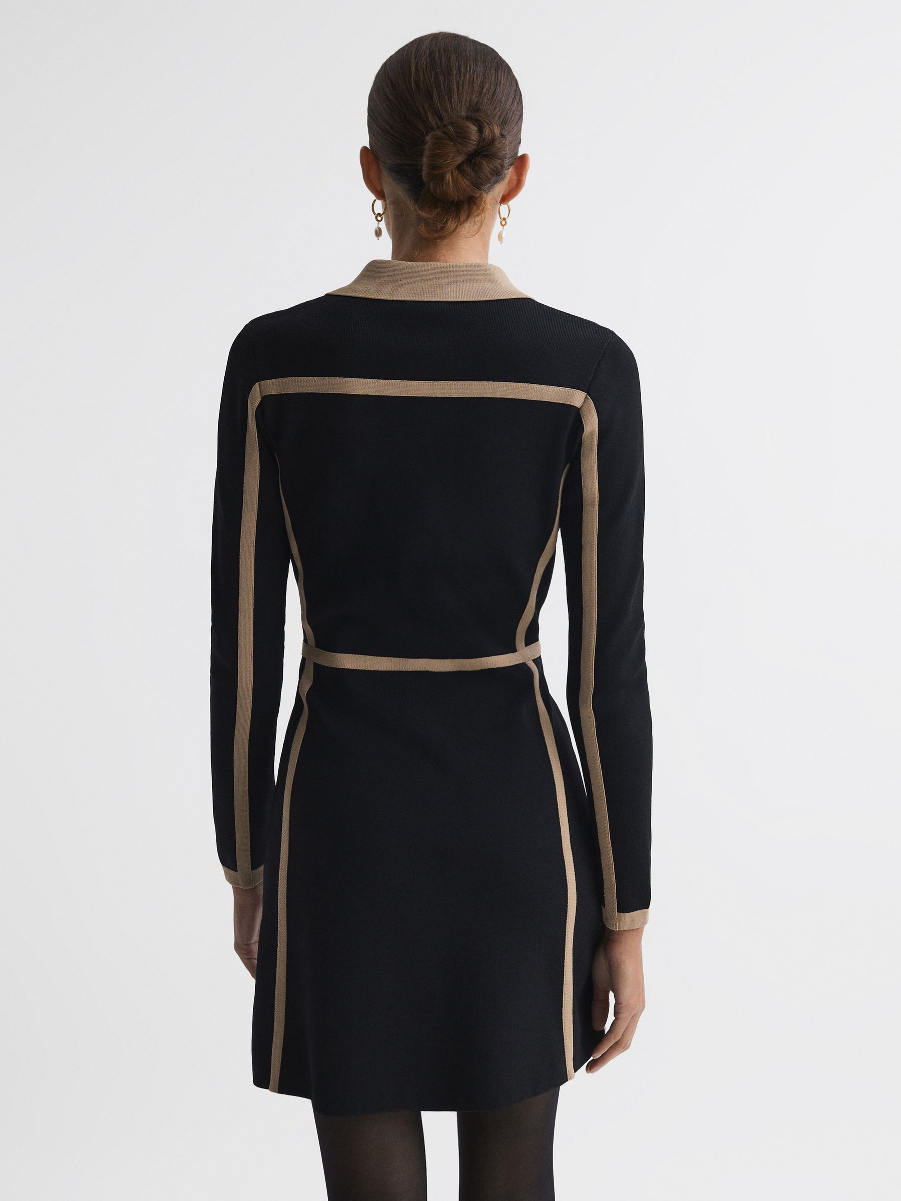 Contrast Trim Press-Stud Mini Dress in Black/Camel - Image 6 of 6