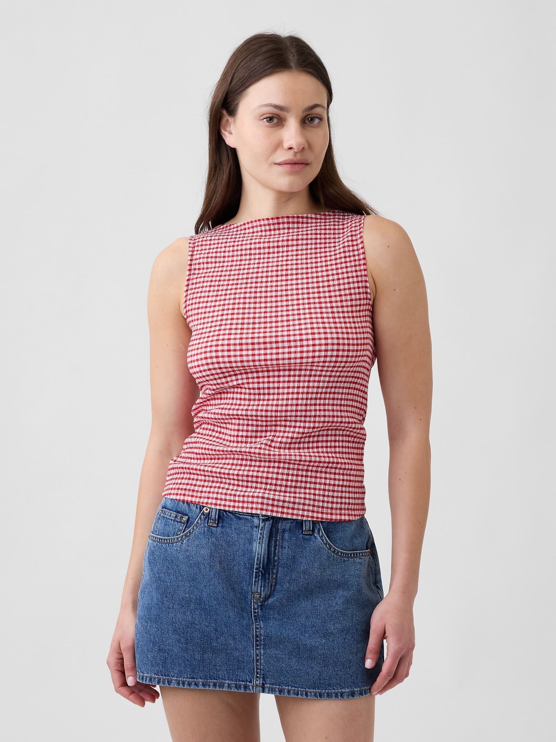 Red Gingham Boatneck Vest - Image 1 of 5 Red Gingham Boatneck Vest - Image 1 of 5