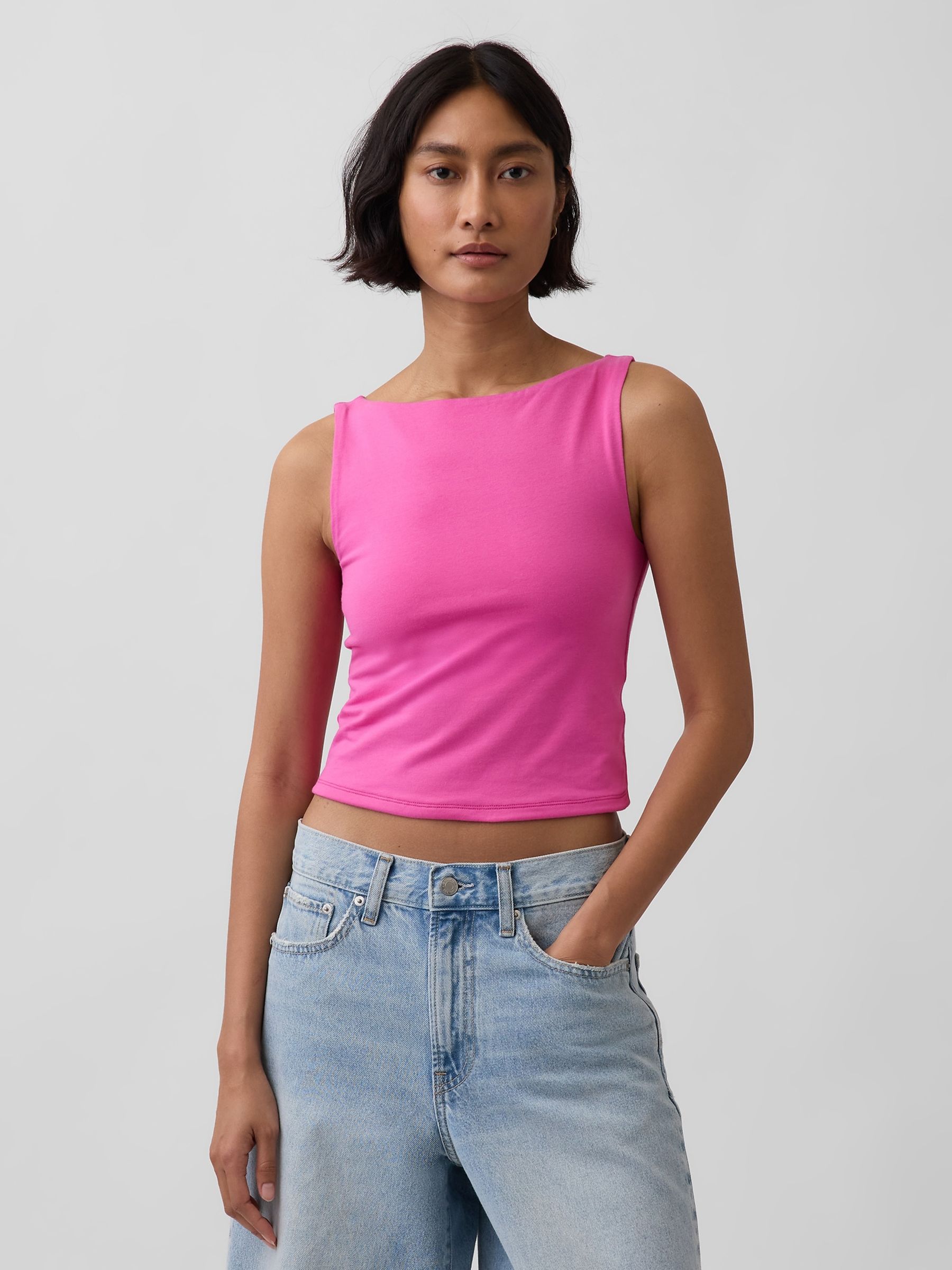 Pink CloseKnit Jersey Boatneck Crop Vest - Image 1 of 3 Pink CloseKnit Jersey Boatneck Crop Vest - Image 1 of 3