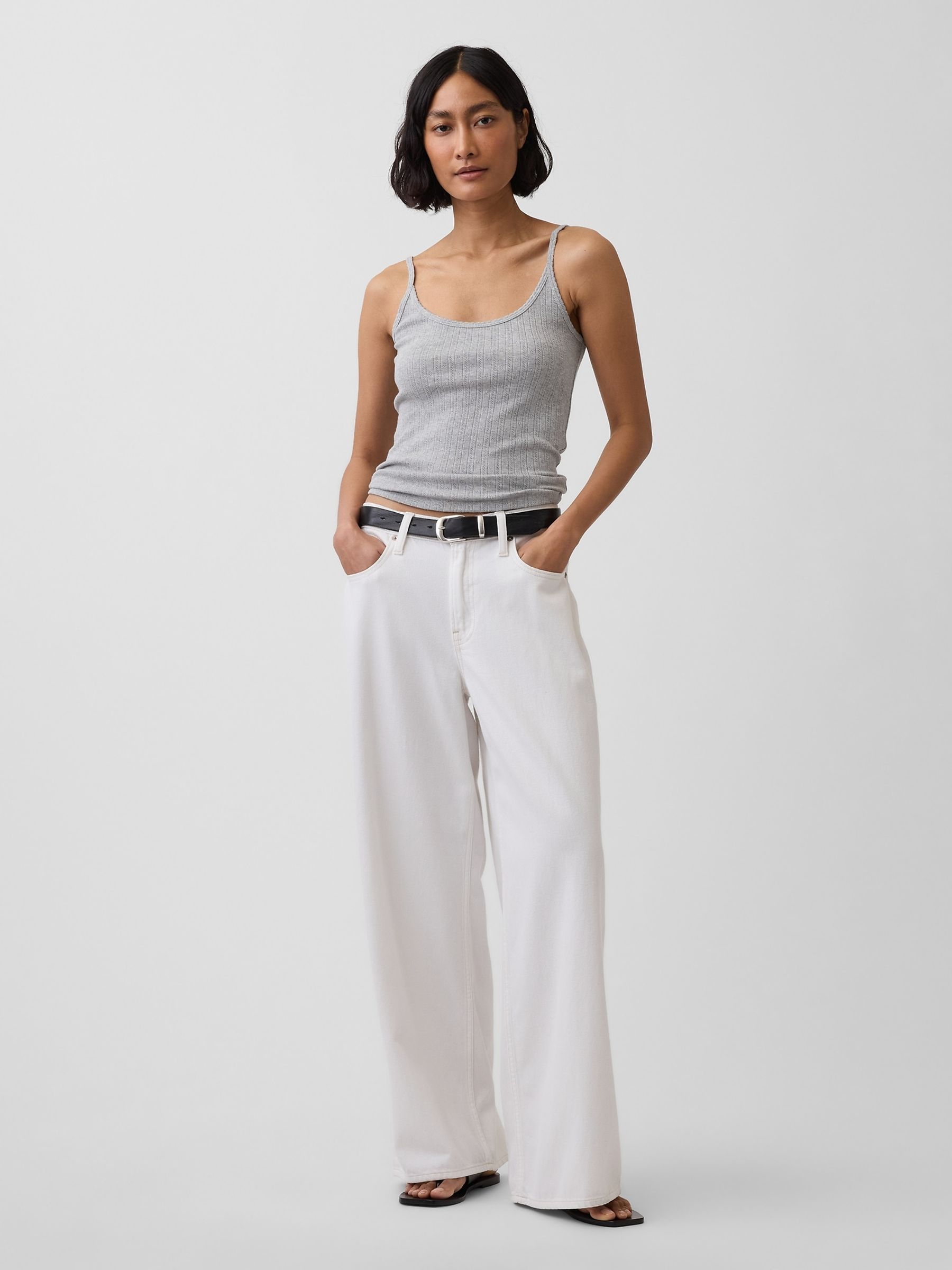 Grey Pointelle Crop Scoop Neck Cami - Image 3 of 4