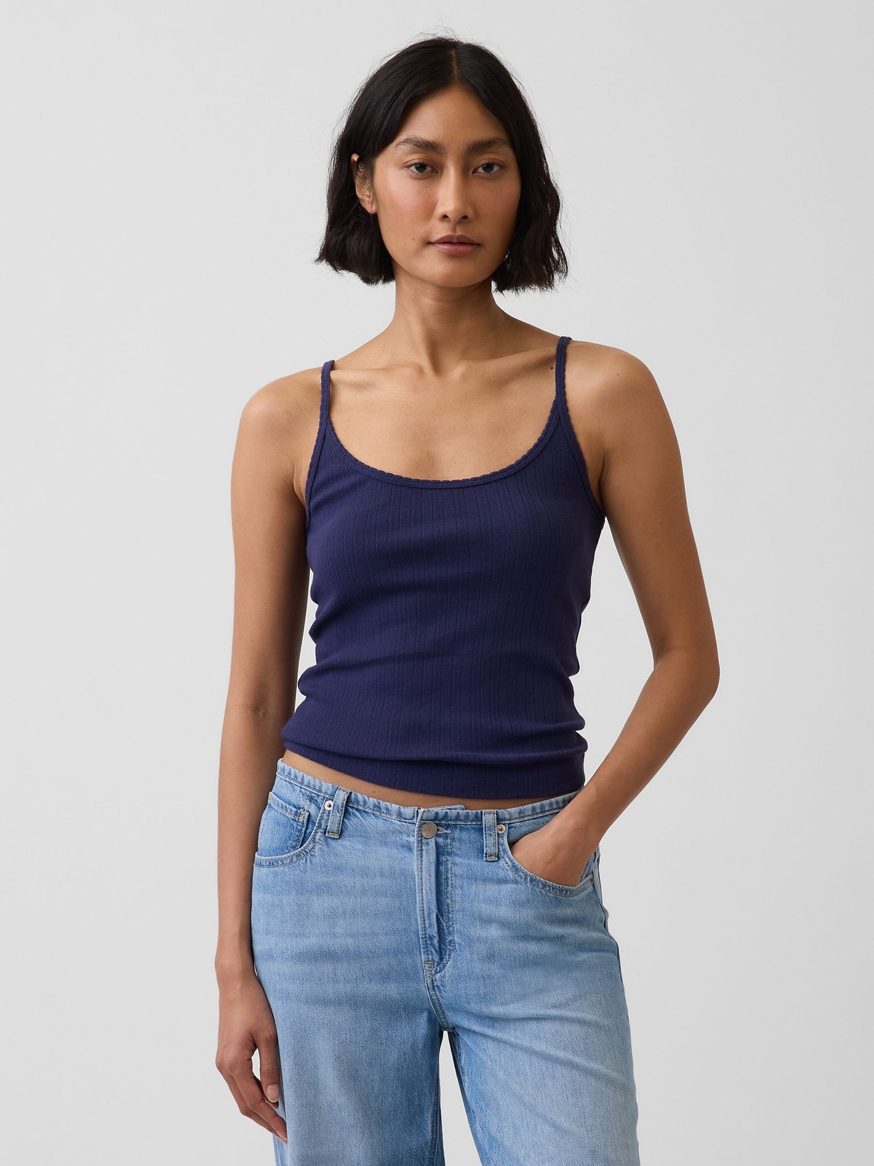 Navy Pointelle Crop Scoop Neck Cami - Image 1 of 4 Navy Pointelle Crop Scoop Neck Cami - Image 1 of 4