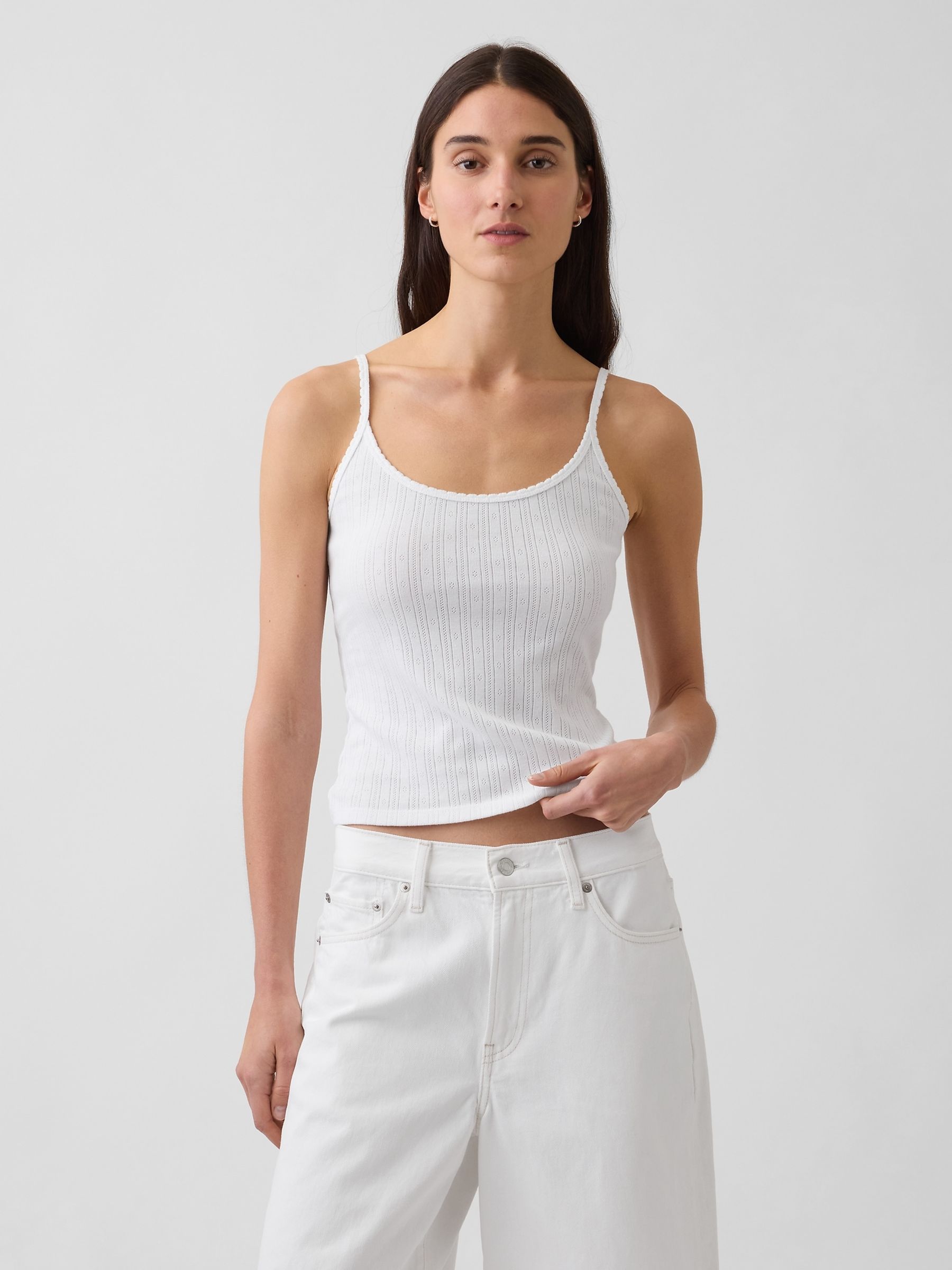 White Pointelle Crop Scoop Neck Cami - Image 1 of 4 White Pointelle Crop Scoop Neck Cami - Image 1 of 4