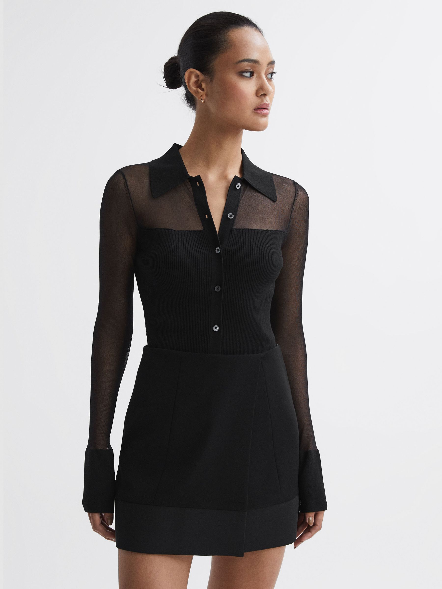 Reiss Sheer Knitted Button-Through Top in Black | REISS