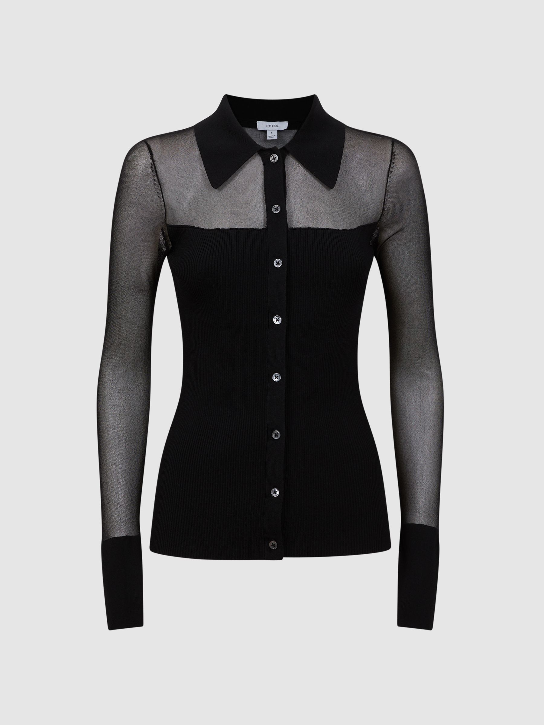 Sheer Knitted Button-Through Top in Black - Image 2 of 4 Sheer Knitted Button-Through Top in Black - Image 2 of 4