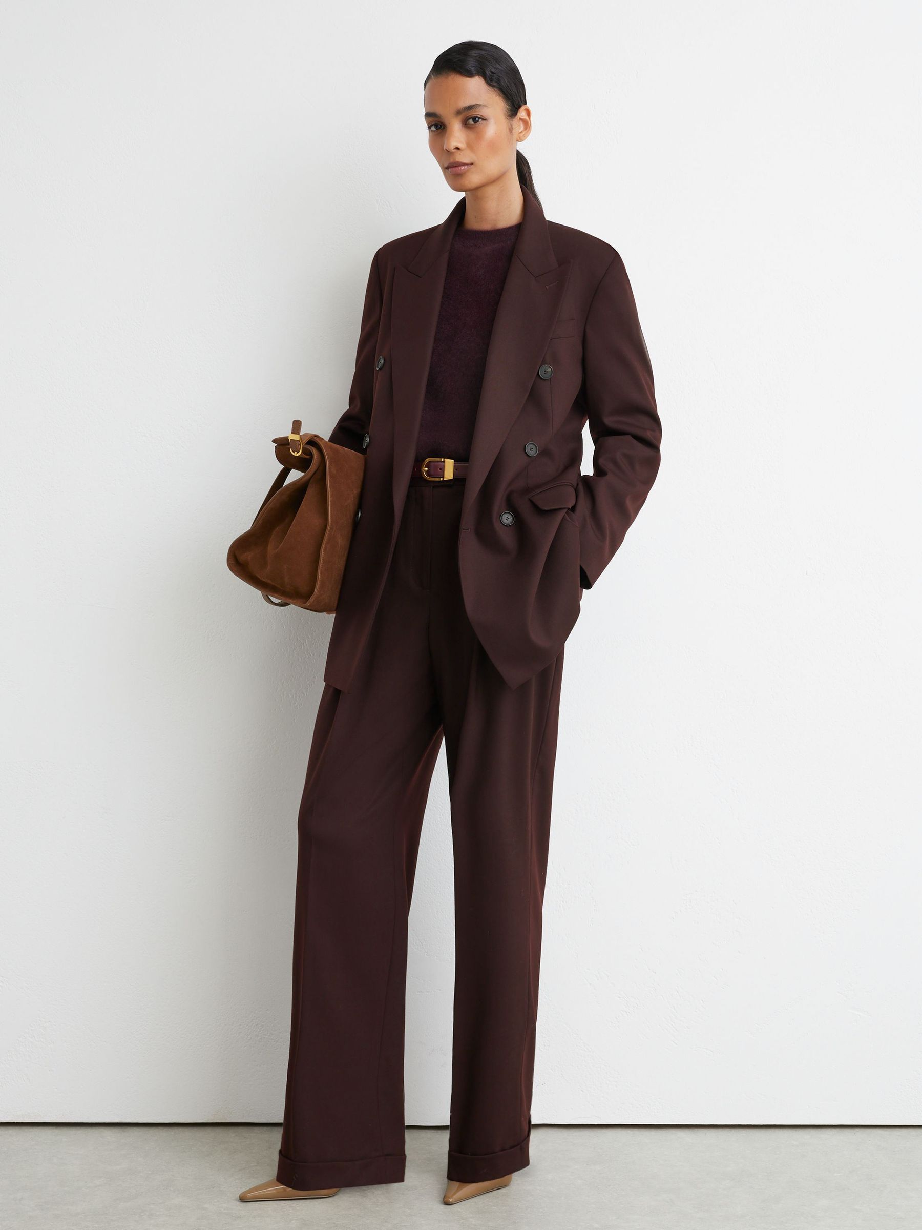 Petite Wool-Blend Double-Breasted Oversized Suit Blazer in Dark Aubergine - Image 1 of 11