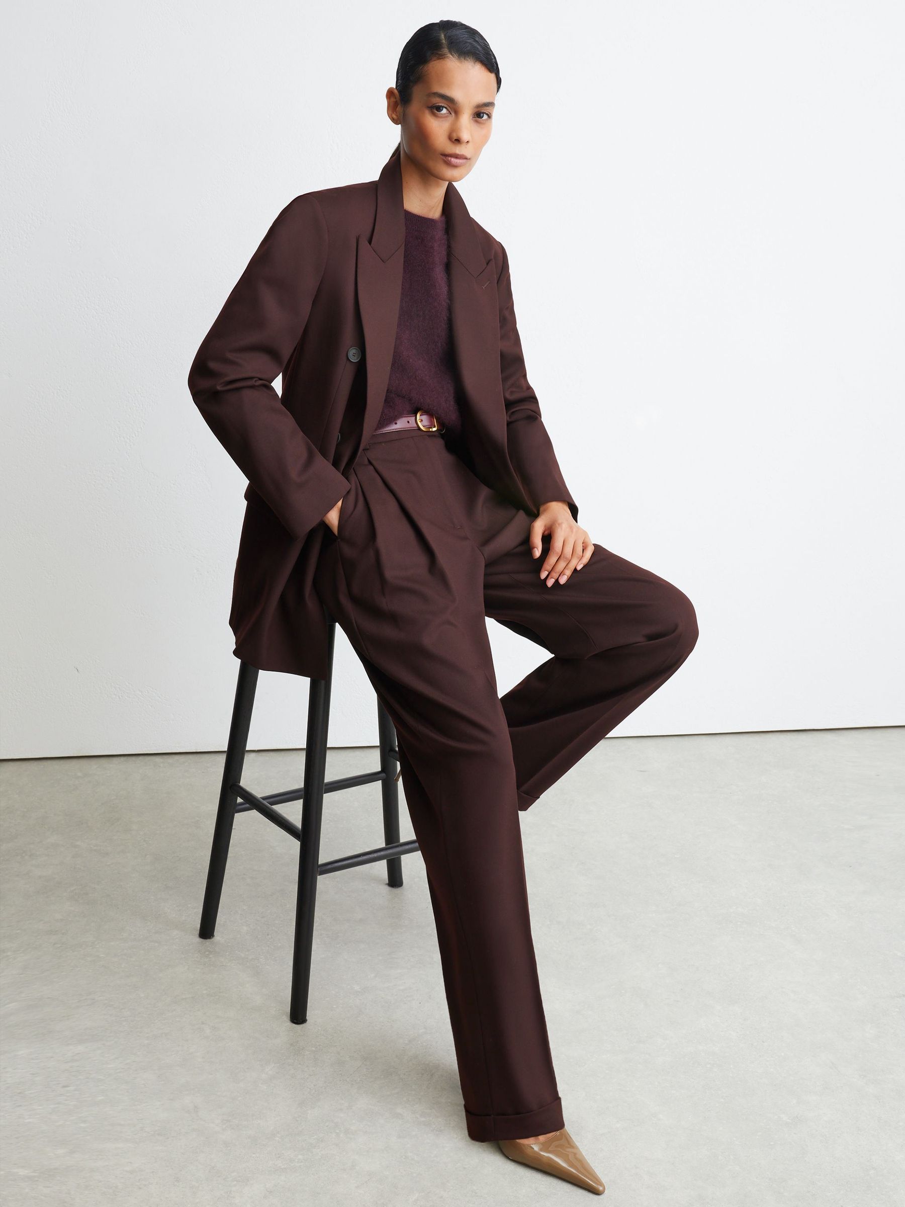 Petite Wool-Blend Double-Breasted Oversized Suit Blazer in Dark Aubergine - Image 7 of 11