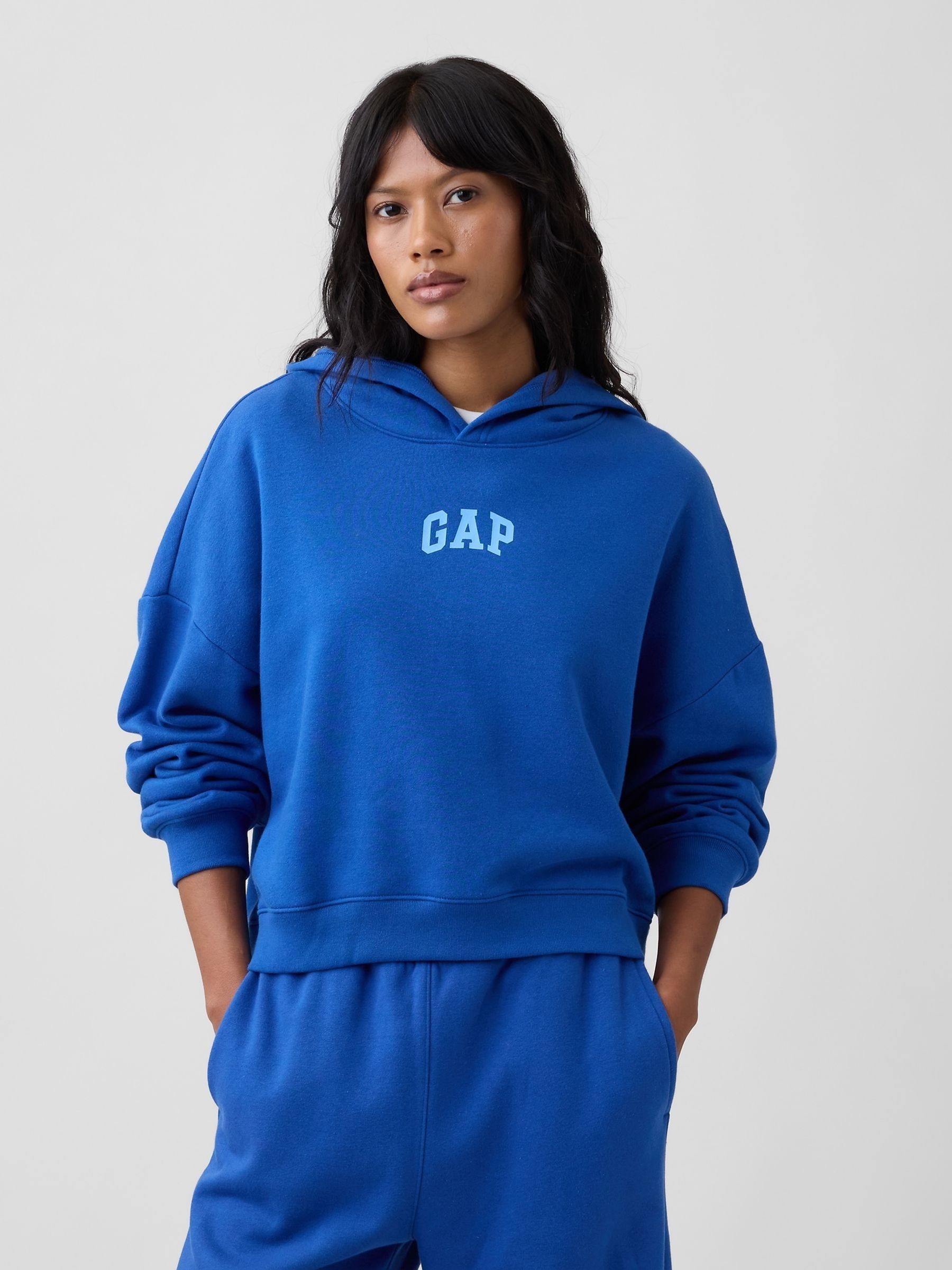 Blue Relaxed Mini-Logo Cropped Hoodie - Image 1 of 5