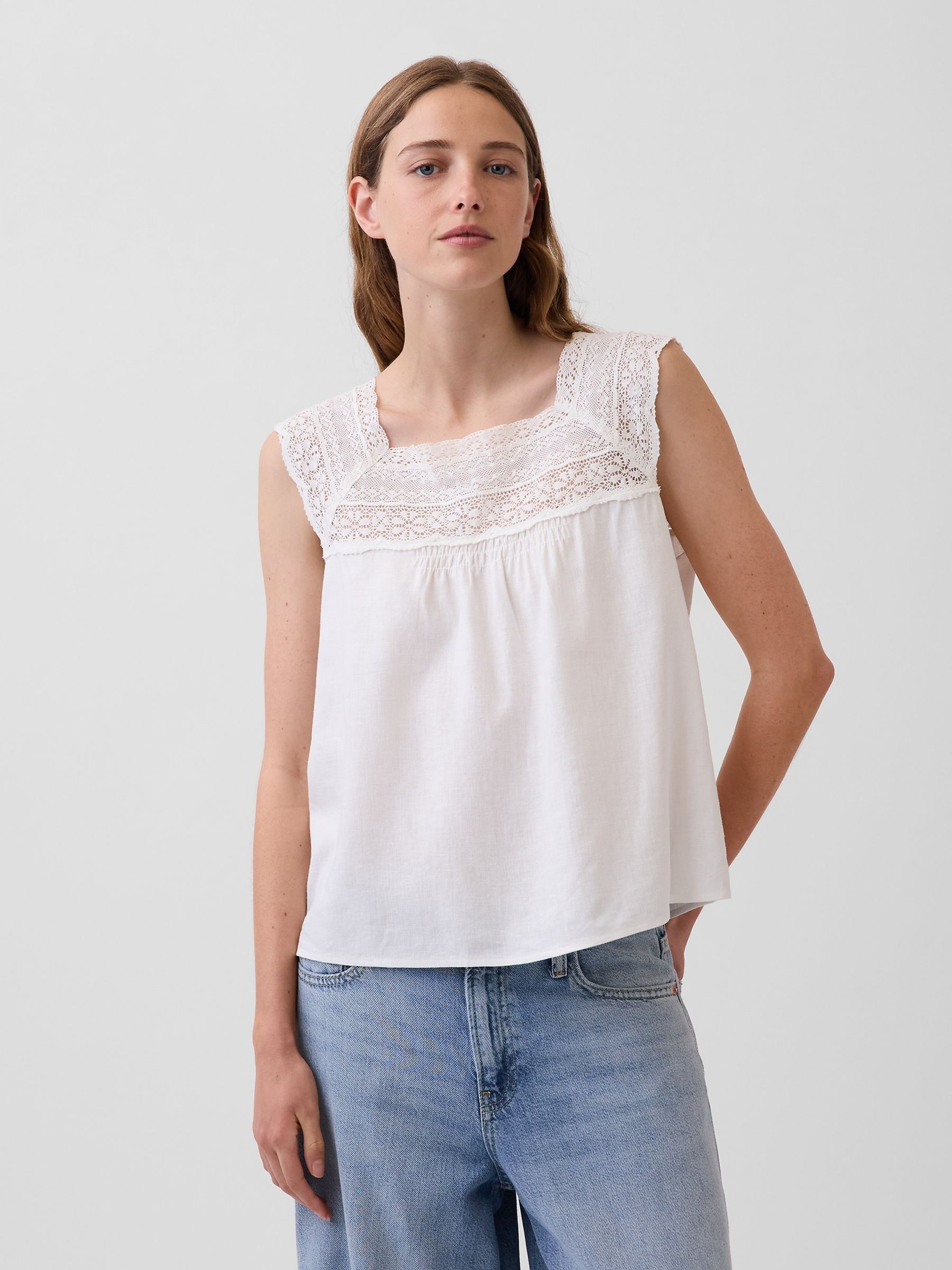 White Linen-Blend Crochet Square-Neck Top - Image 1 of 4