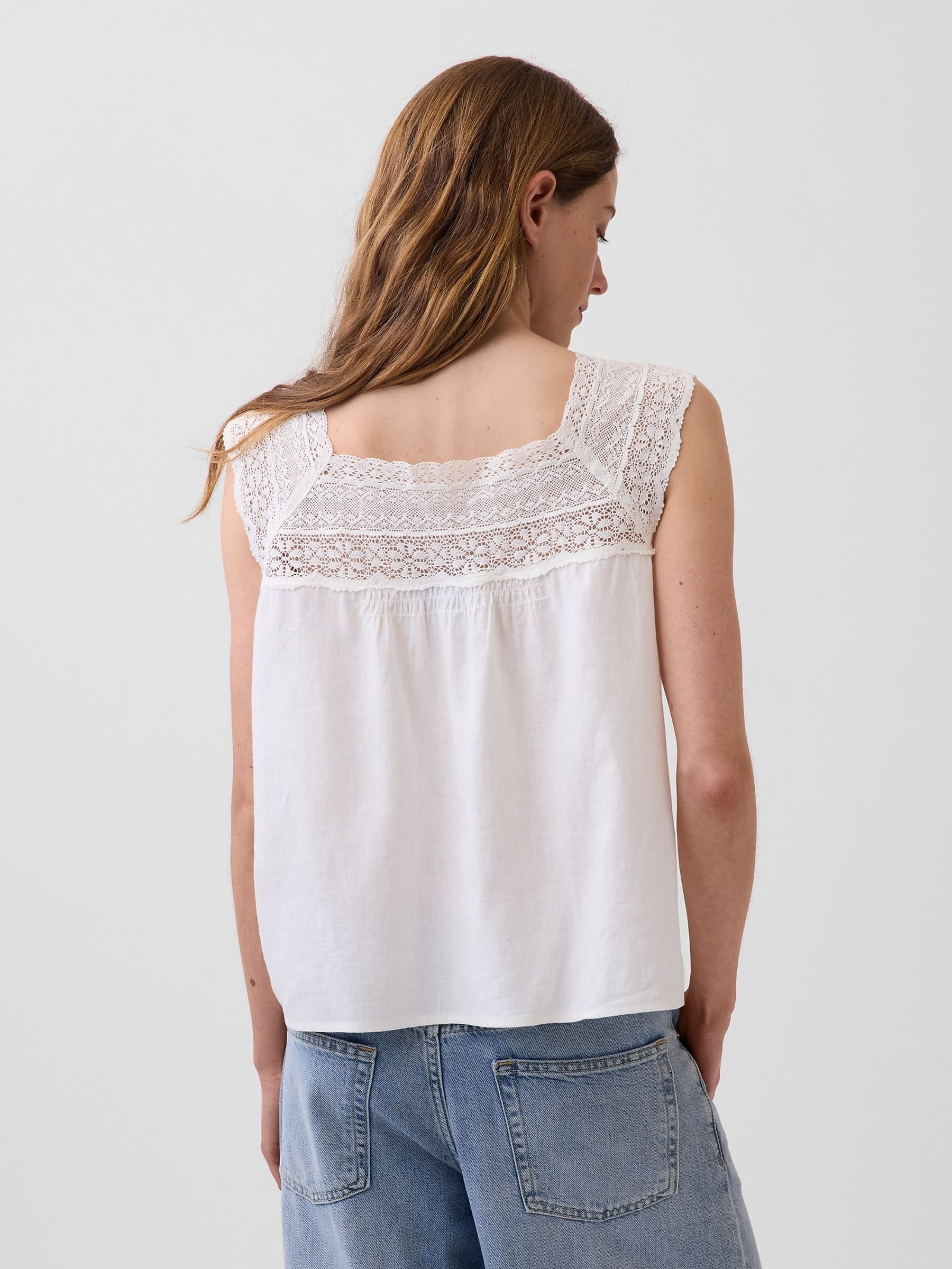 White Linen-Blend Crochet Square-Neck Top - Image 2 of 4