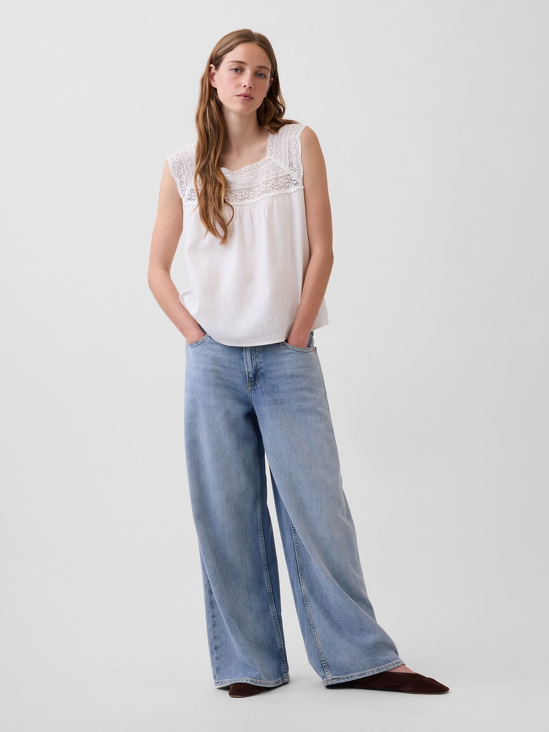 White Linen-Blend Crochet Square-Neck Top - Image 3 of 4