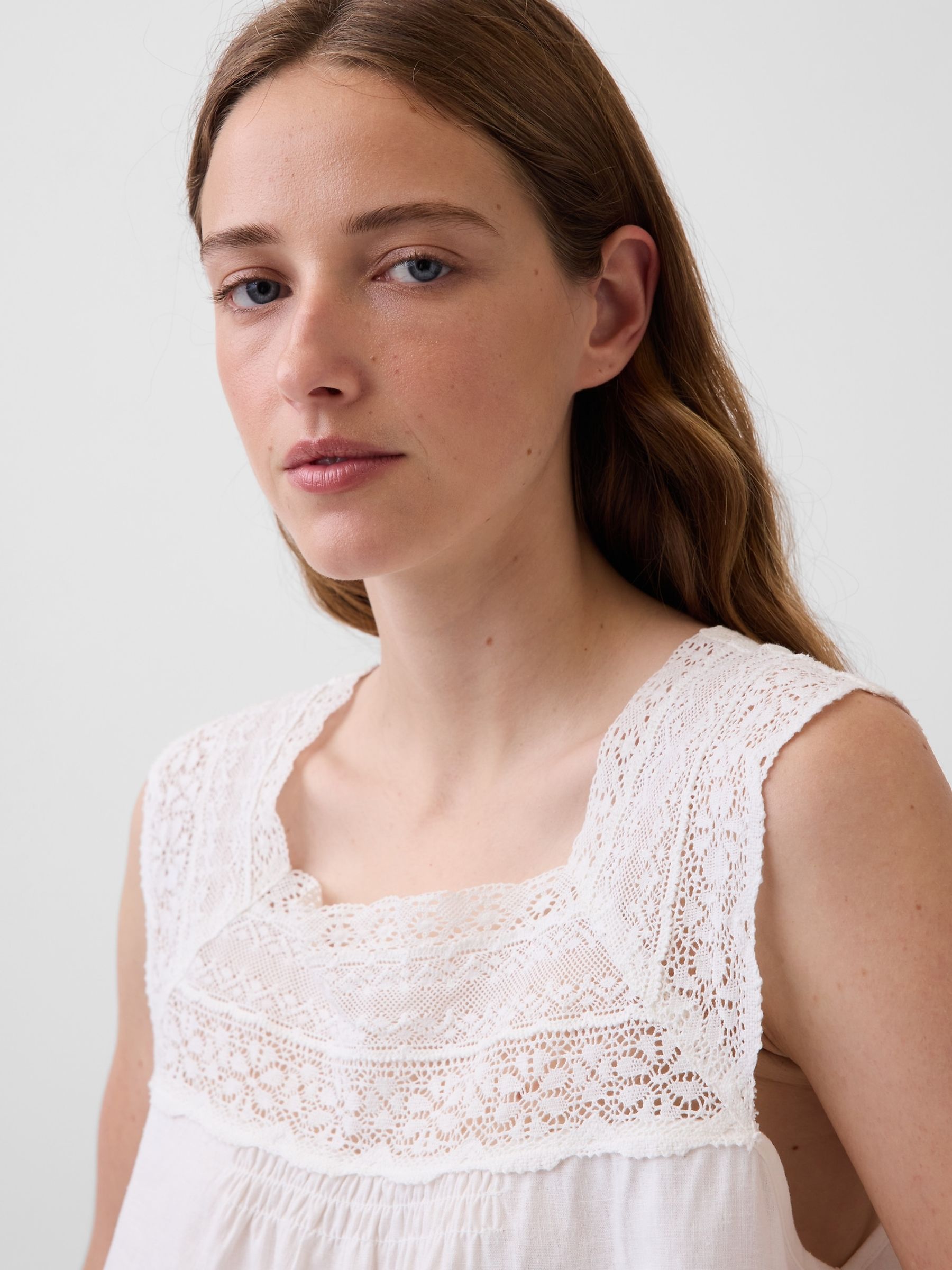 White Linen-Blend Crochet Square-Neck Top - Image 4 of 4