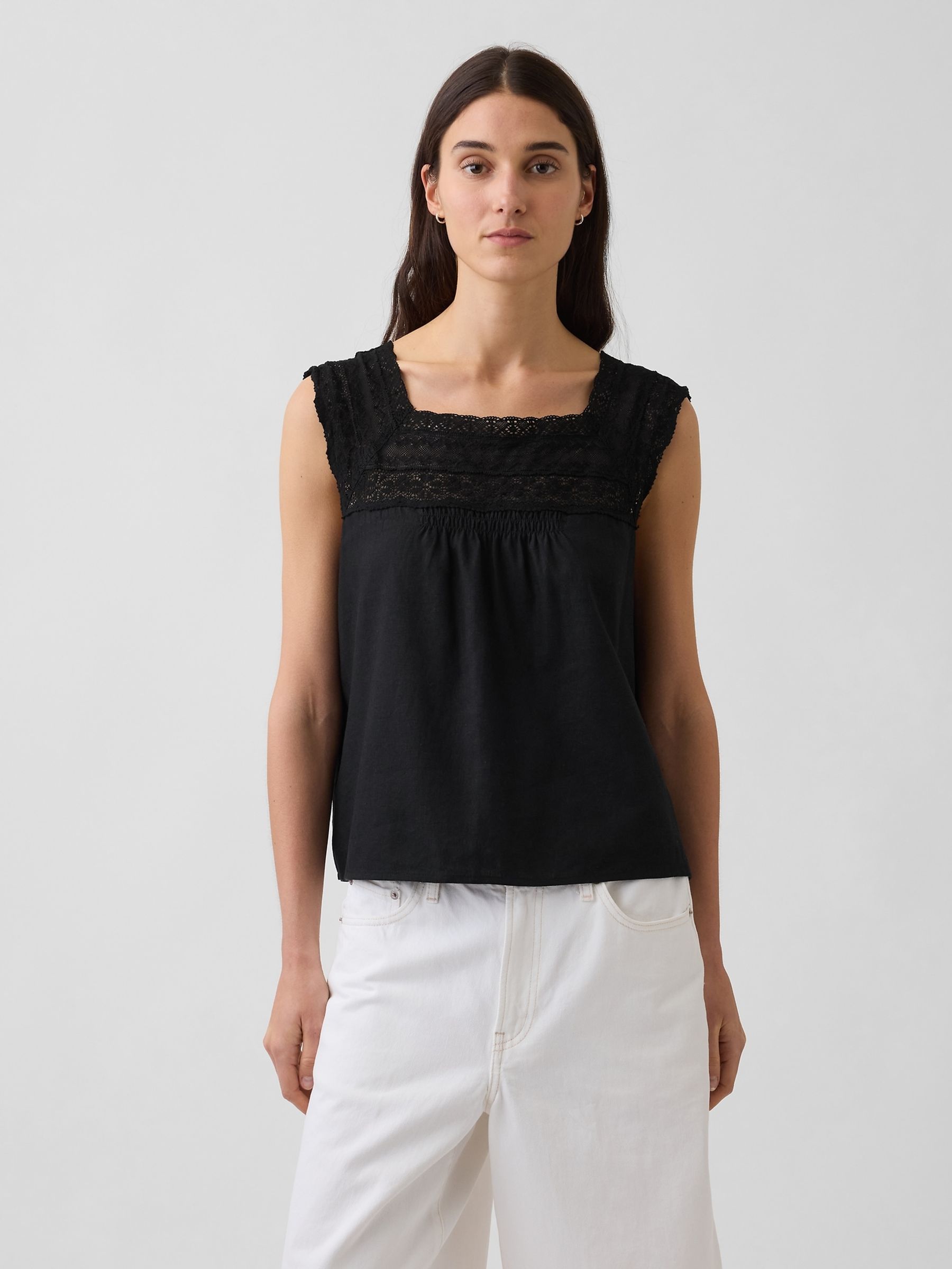 Black Linen-Blend Crochet Square-Neck Top - Image 1 of 4