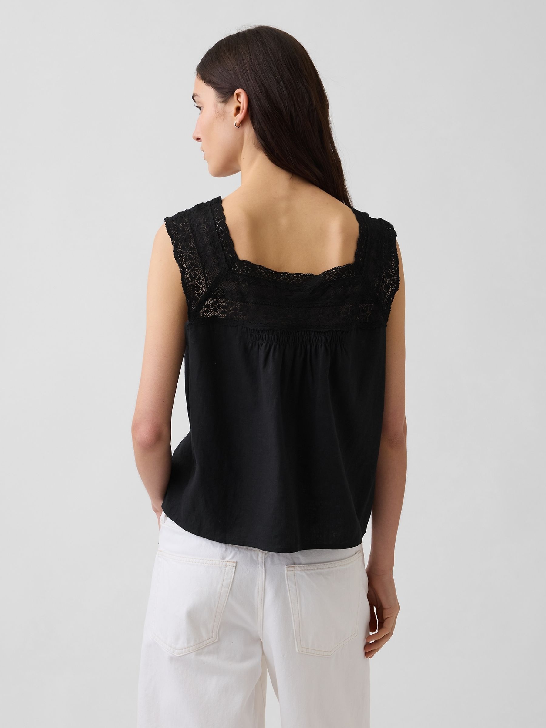 Black Linen-Blend Crochet Square-Neck Top - Image 2 of 4