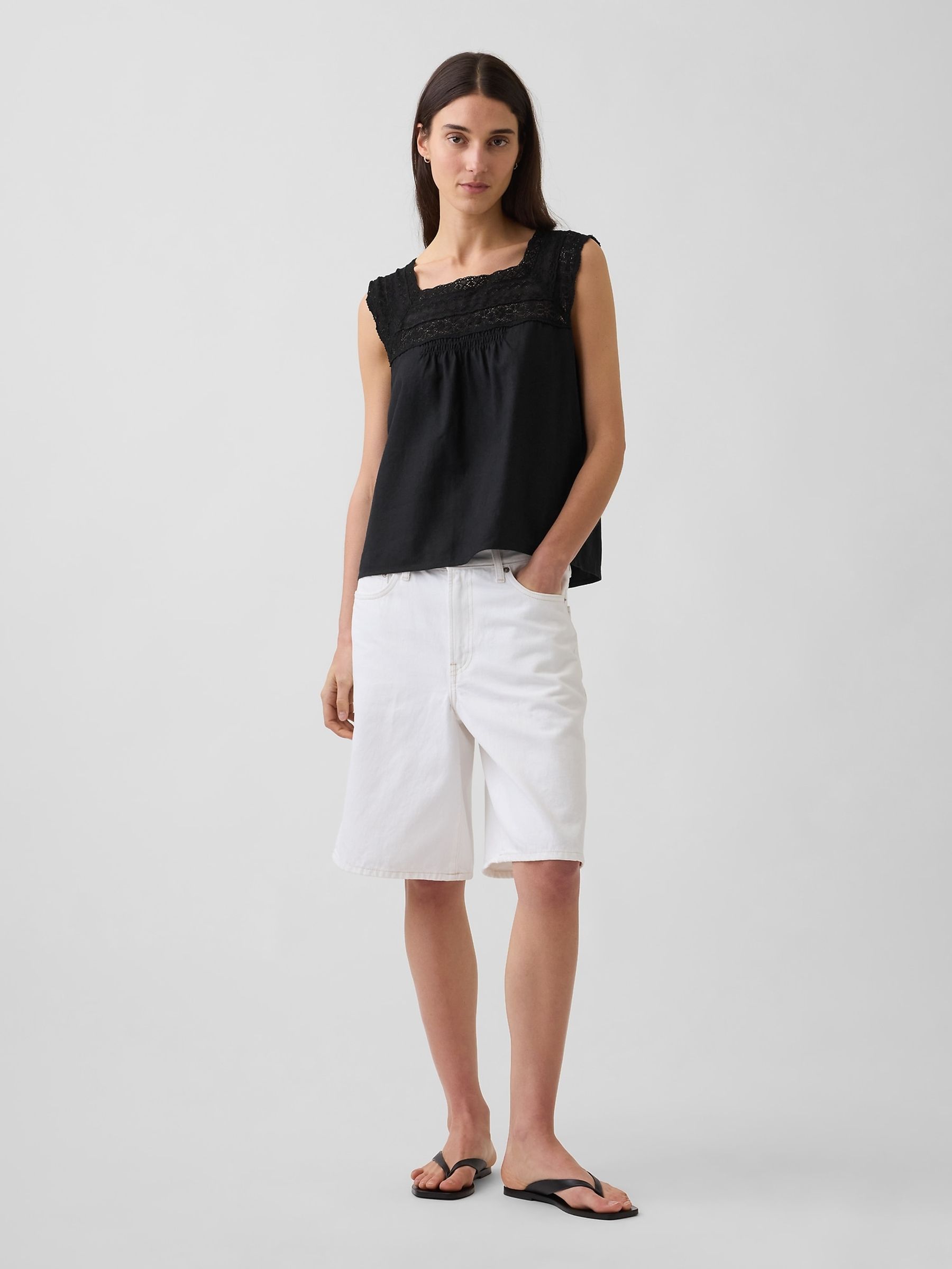 Black Linen-Blend Crochet Square-Neck Top - Image 3 of 4