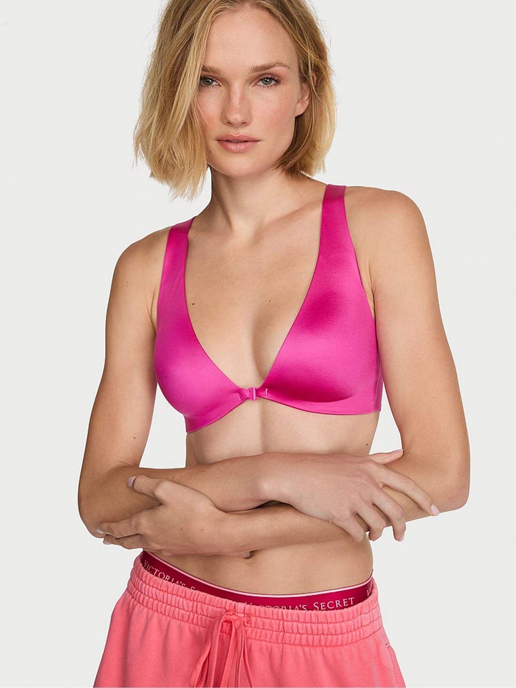 Pink Fire GlossyTech™ Plunge Front Close Low Impact Sports Bra - Image 1 of 2