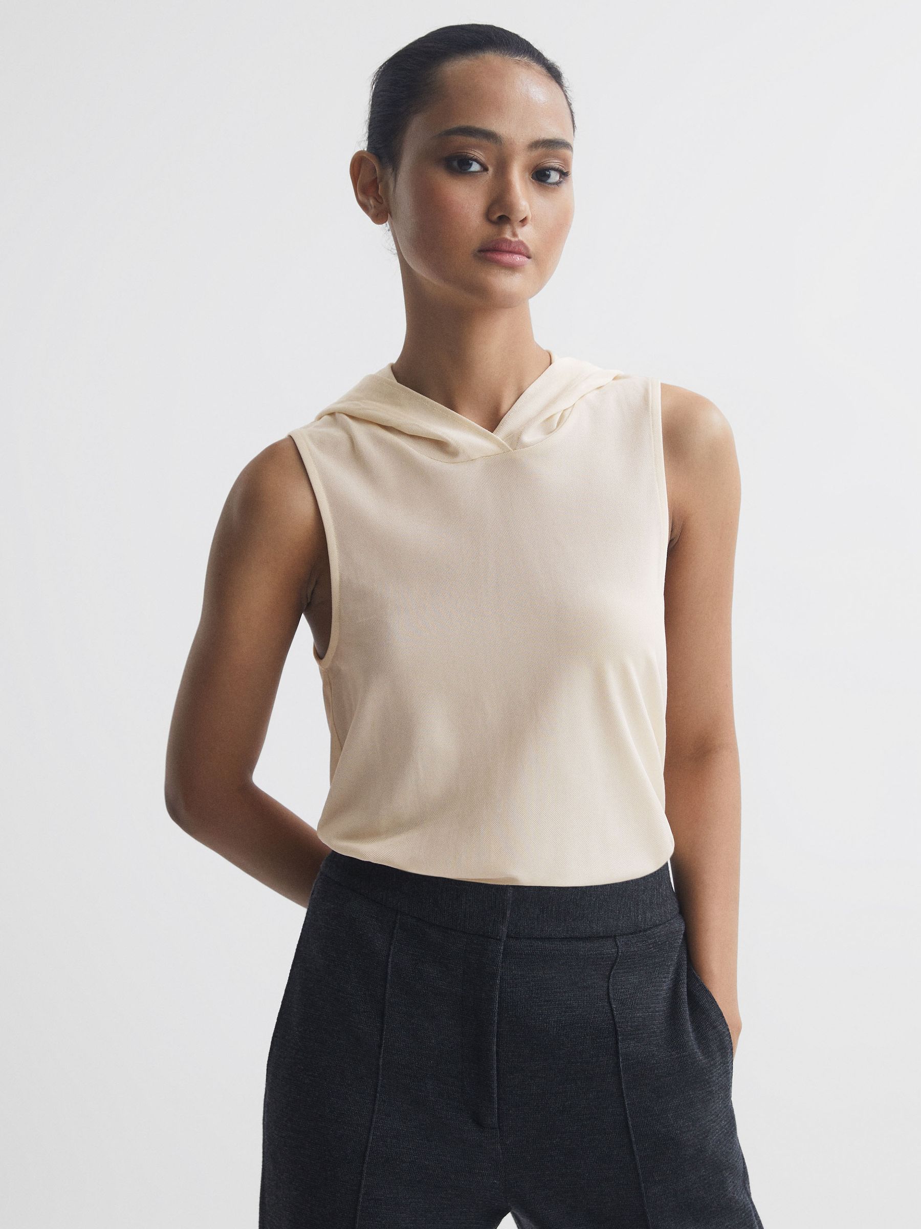Relaxed Fit Sleeveless Hoodie in Cream - Image 3 of 4