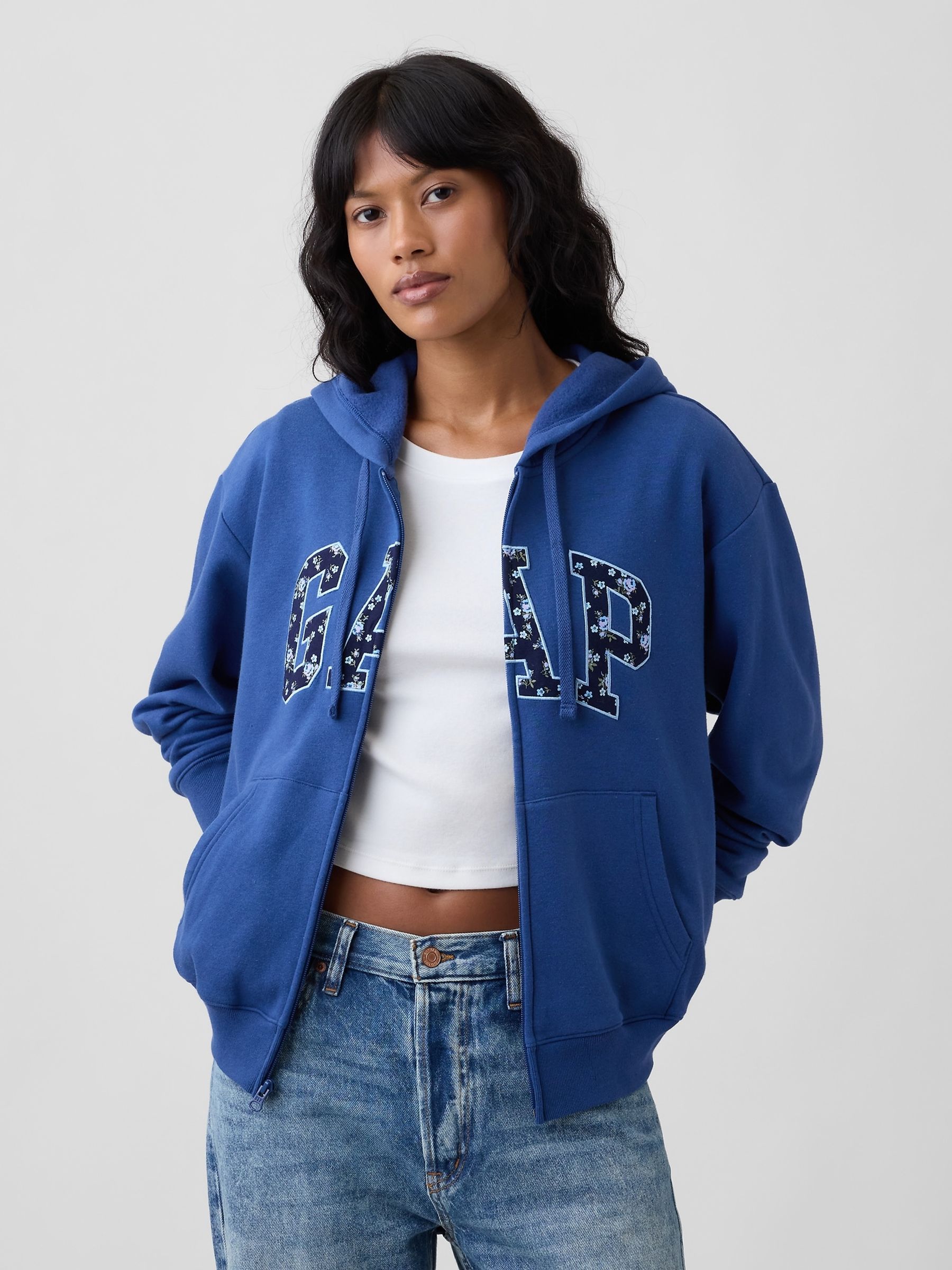 Blue/Navy Floral Relaxed Logo Zip-Up Hoodie - Image 1 of 5