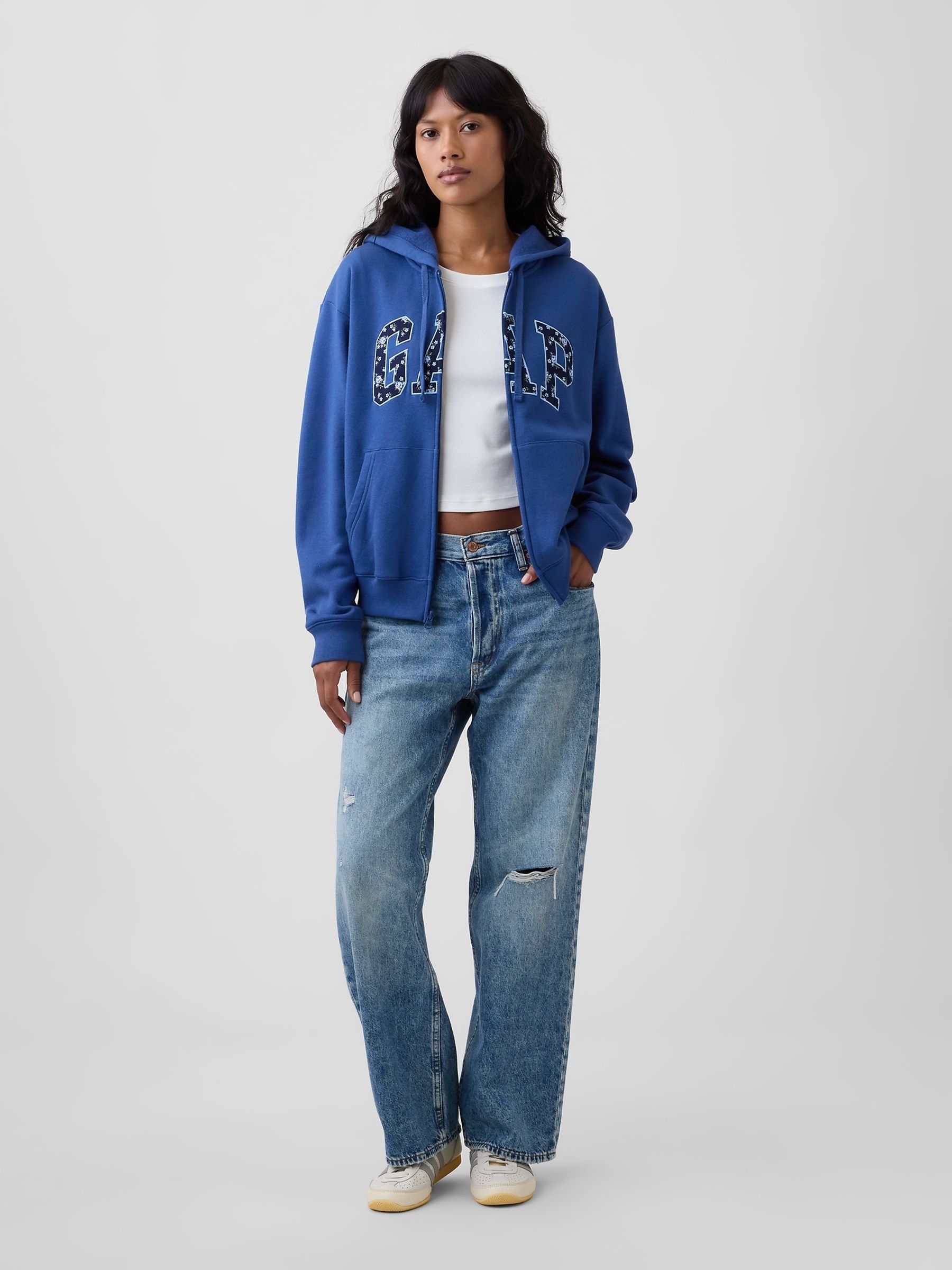 Blue/Navy Floral Relaxed Logo Zip-Up Hoodie - Image 3 of 5