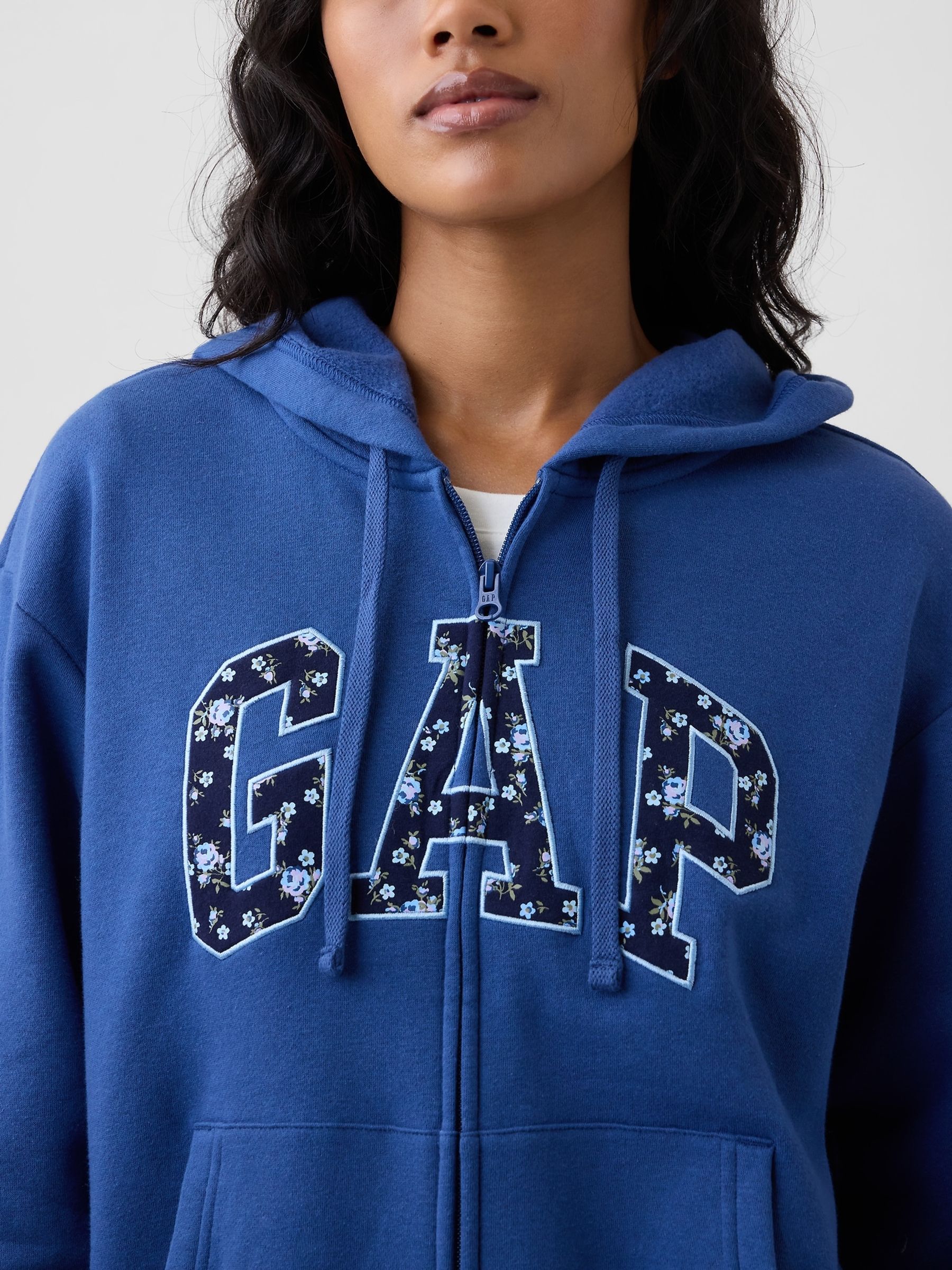 Blue/Navy Floral Relaxed Logo Zip-Up Hoodie - Image 4 of 5