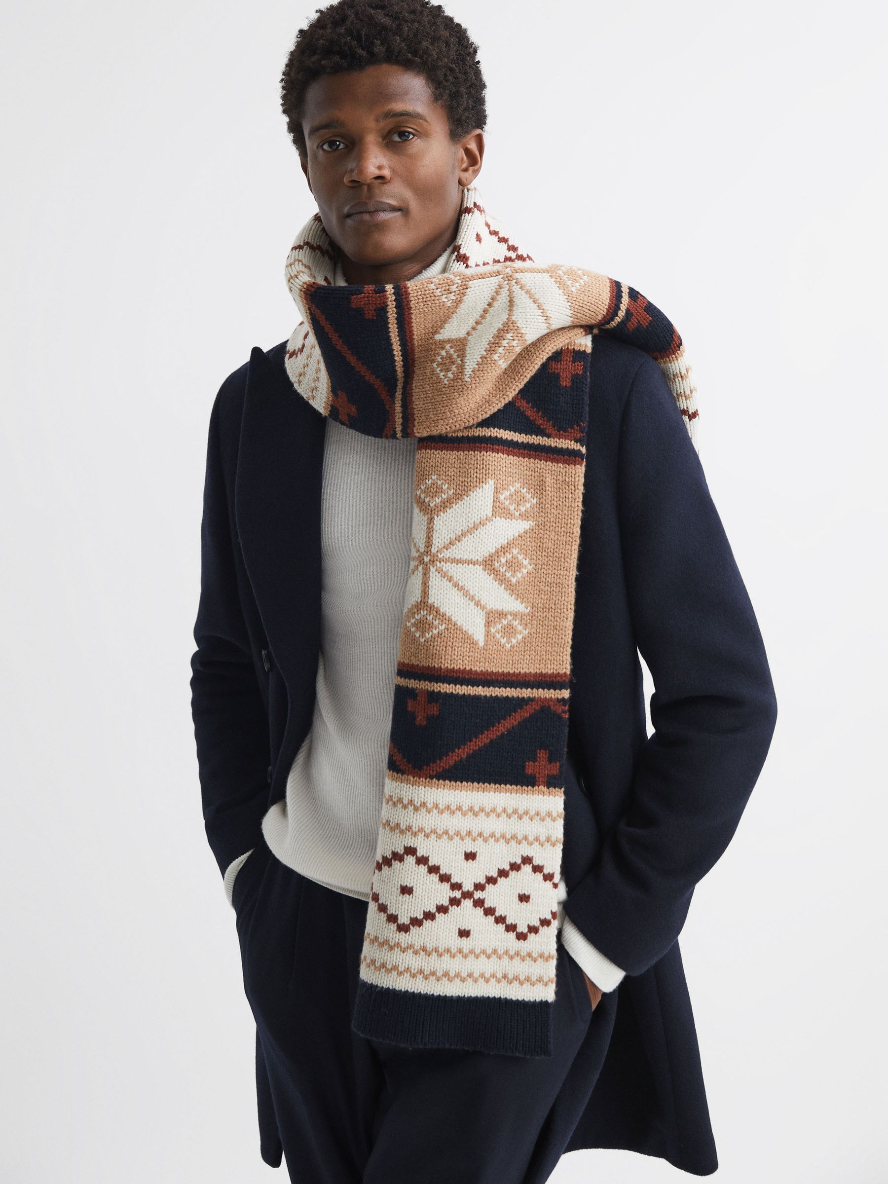 Fairisle Pattern Knitted Scarf in Navy Multi - Image 2 of 4