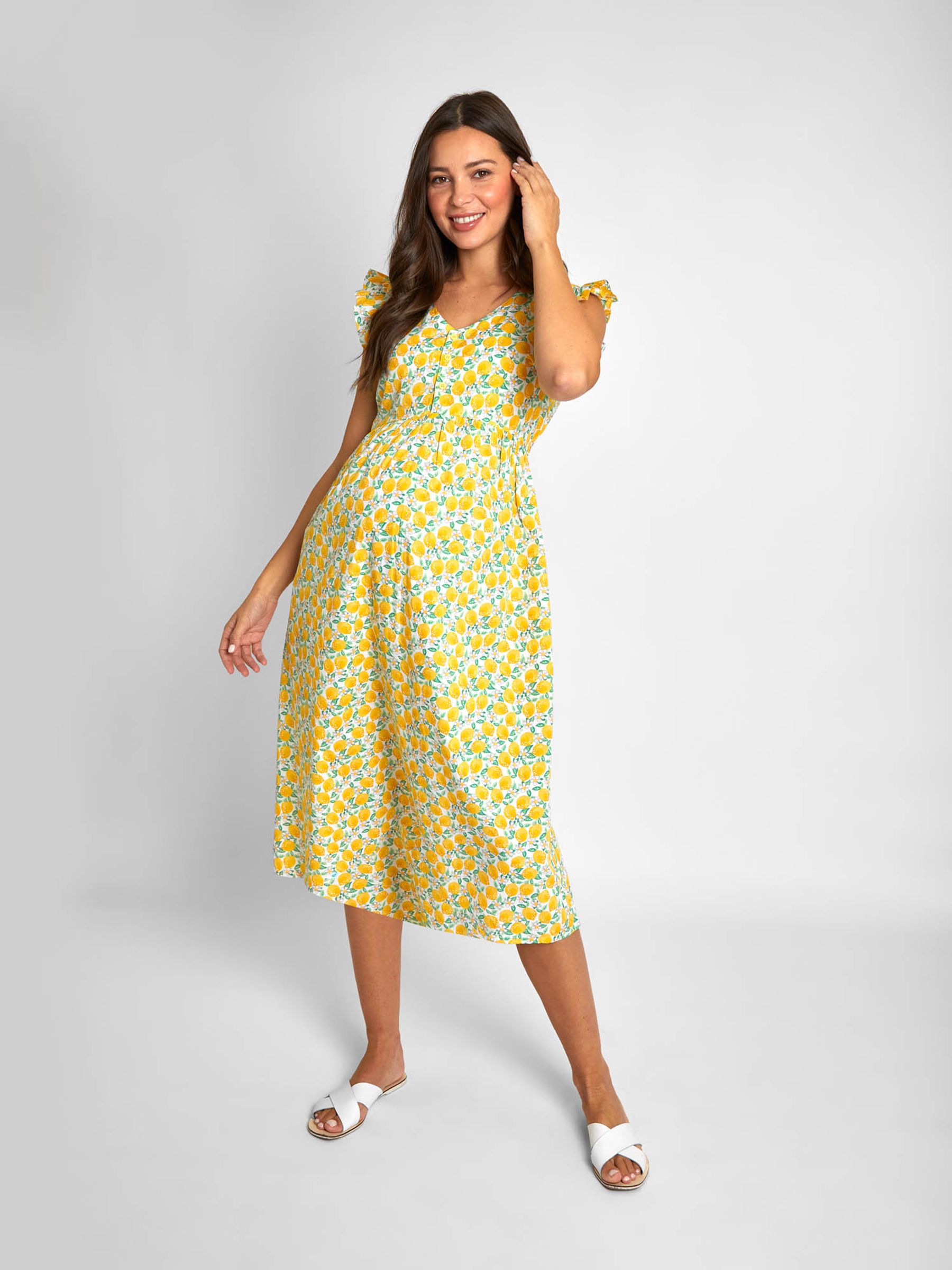 Yellow Lemon Floral Print Frill Sleeve Maternity Midi Dress | JoJo
