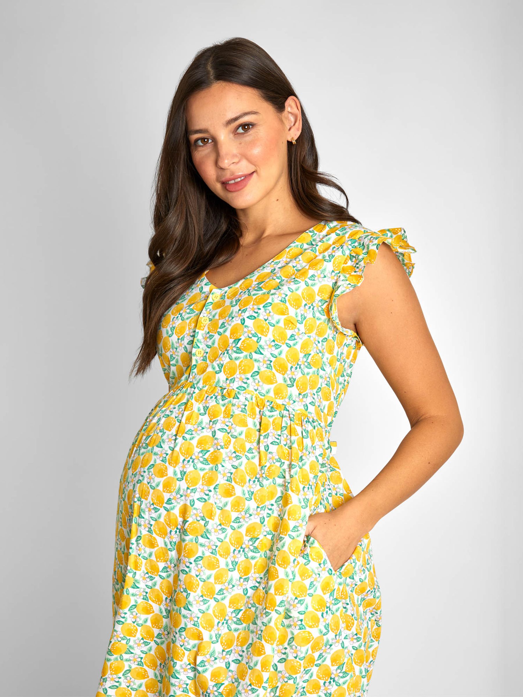 Yellow Lemon Floral Print Frill Sleeve Maternity Midi Dress - Image 2 of 5