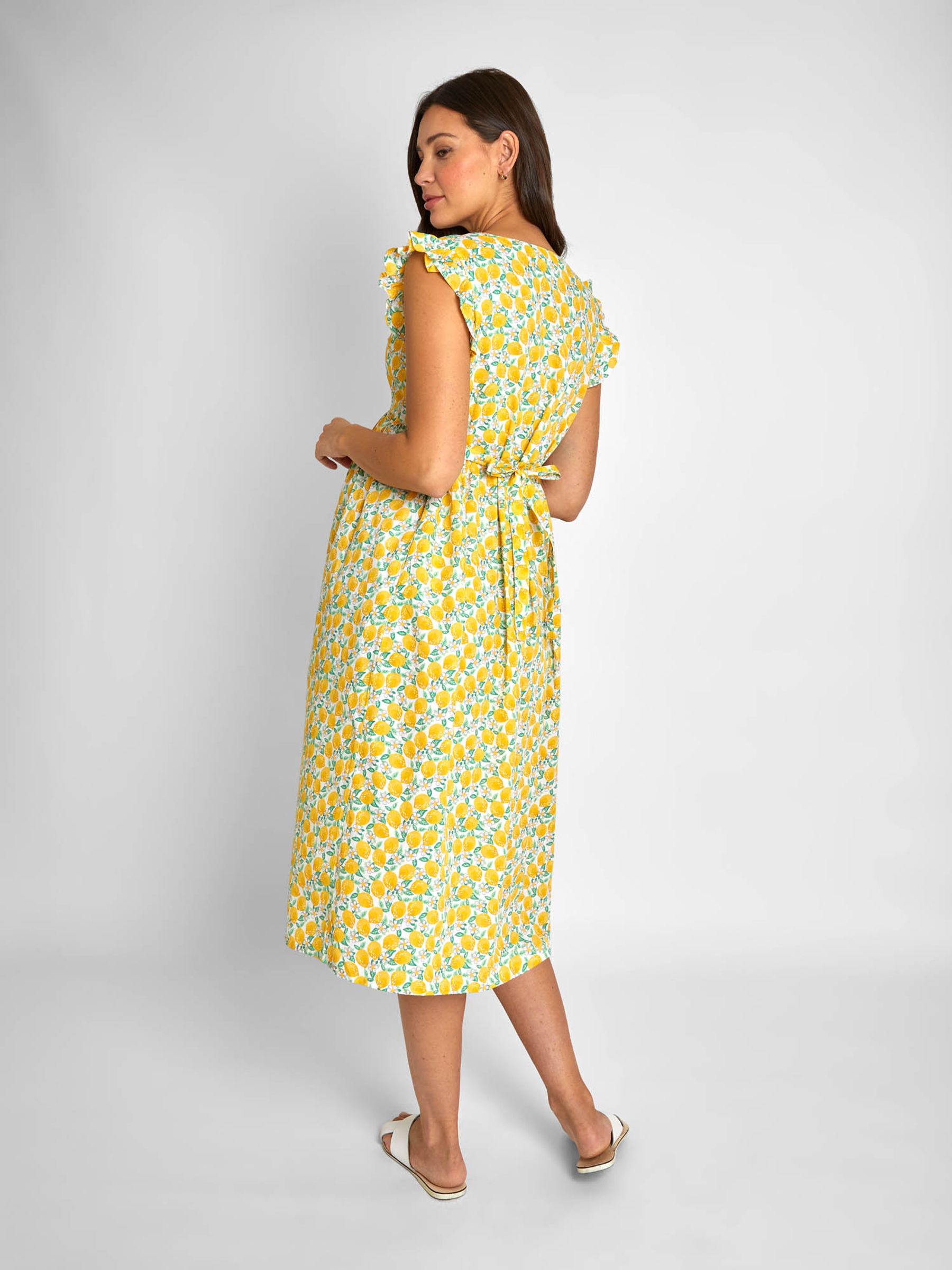 Yellow Lemon Floral Print Frill Sleeve Maternity Midi Dress - Image 3 of 5