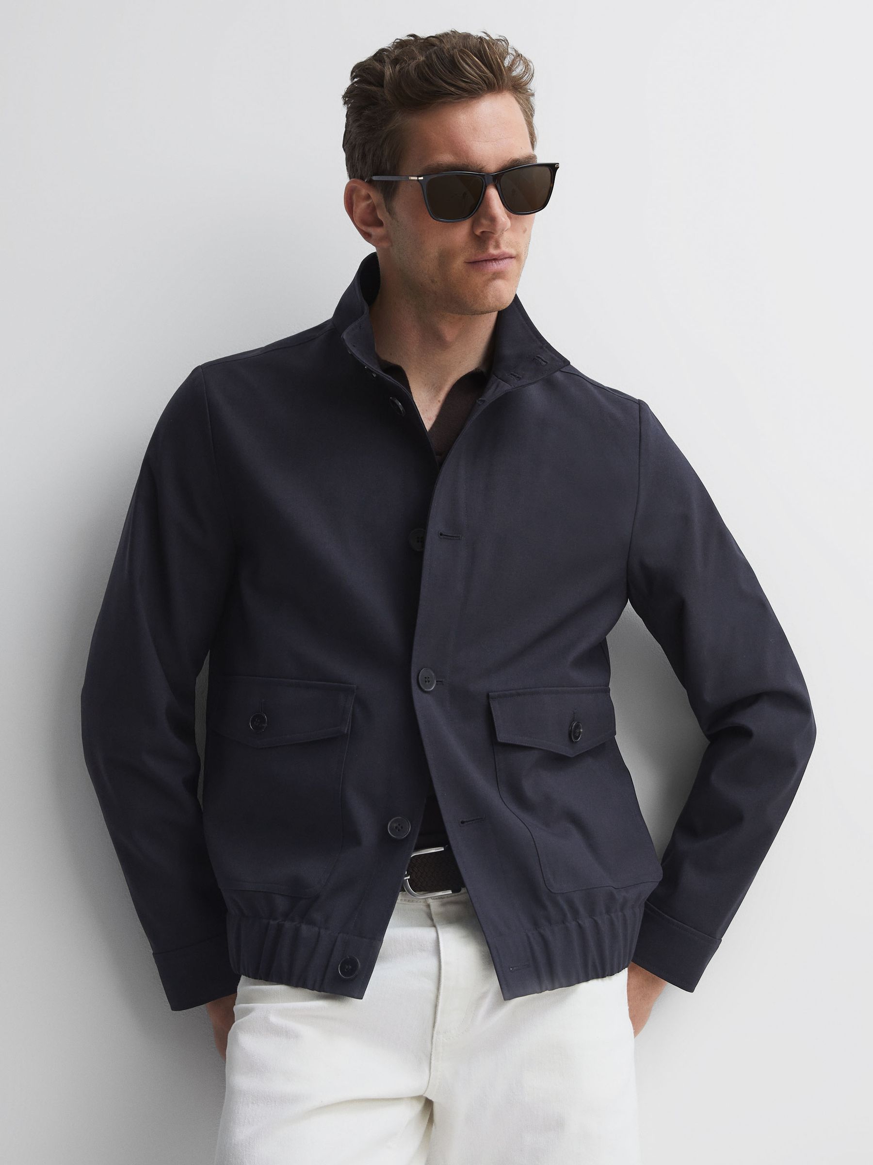 High Neck Button Through Blouson Jacket in Navy - Image 1 of 5