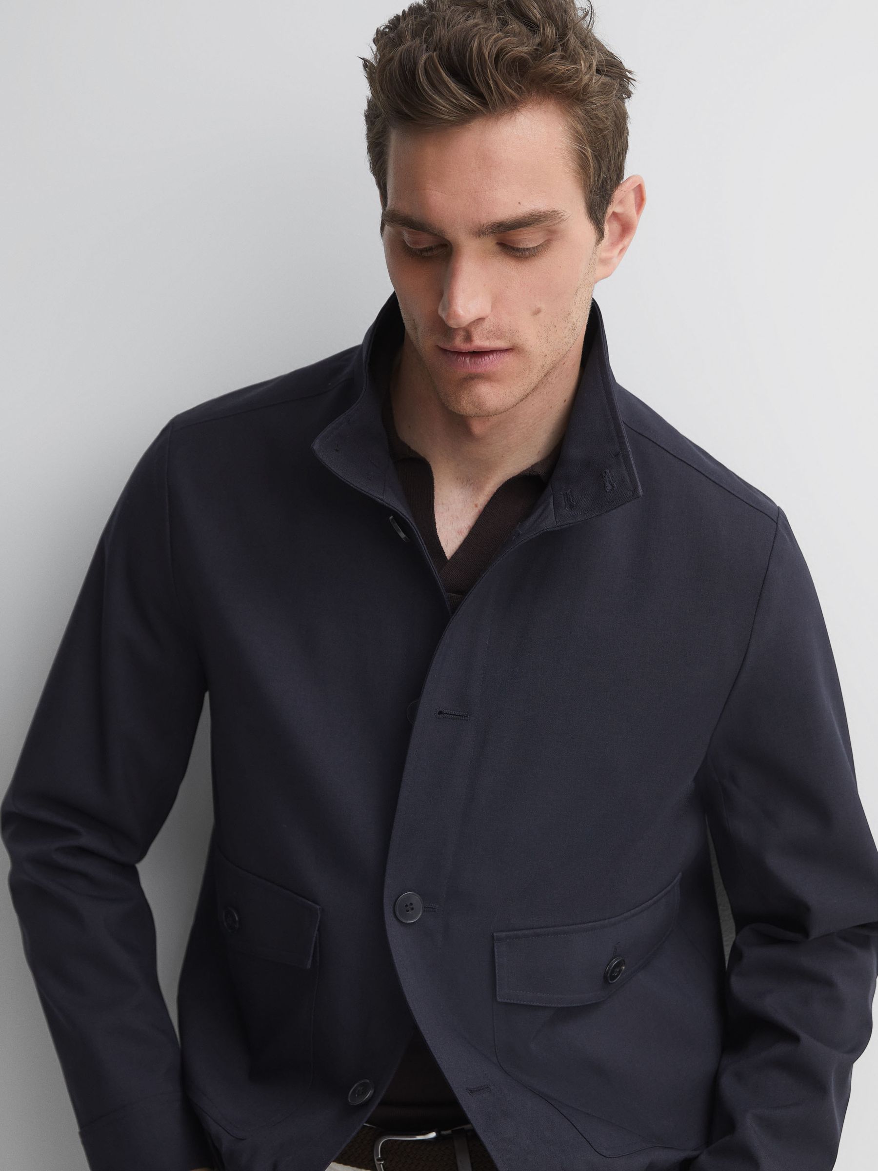 High Neck Button Through Blouson Jacket in Navy - Image 5 of 5