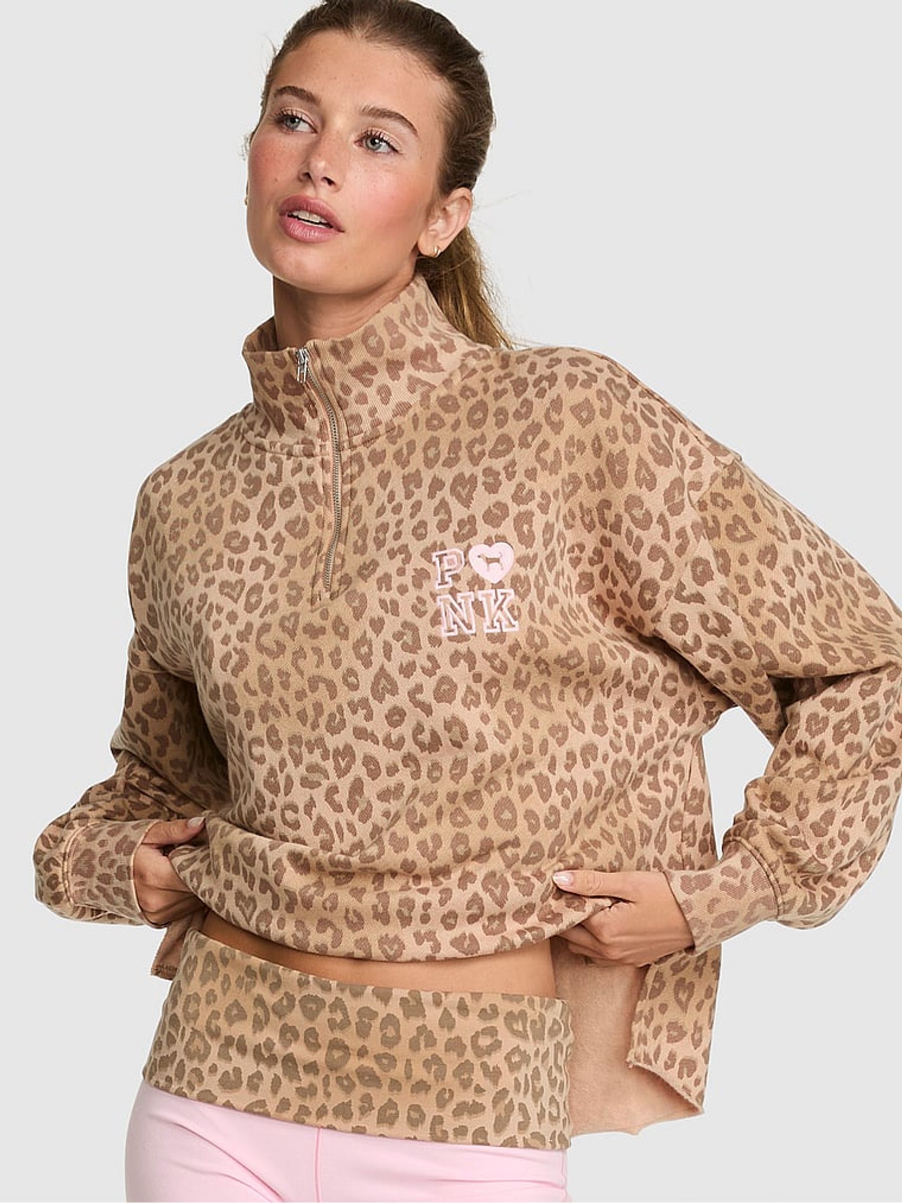 Leopard Brown/Pink Quarter Zip Fleece Sweatshirt - Image 1 of 2