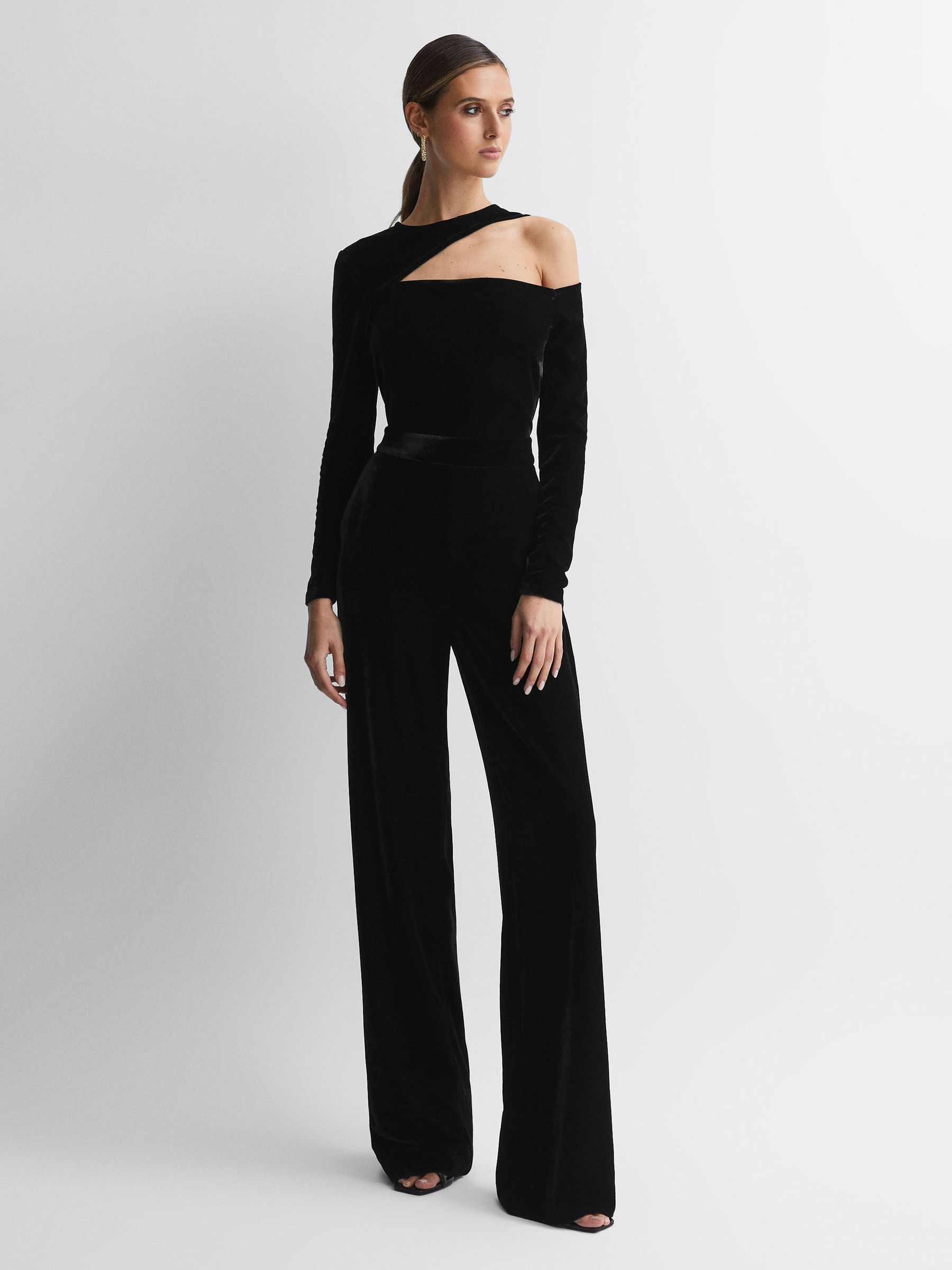 Petite Velvet Off-The-Shoulder Jumpsuit in Black - Image 3 of 6