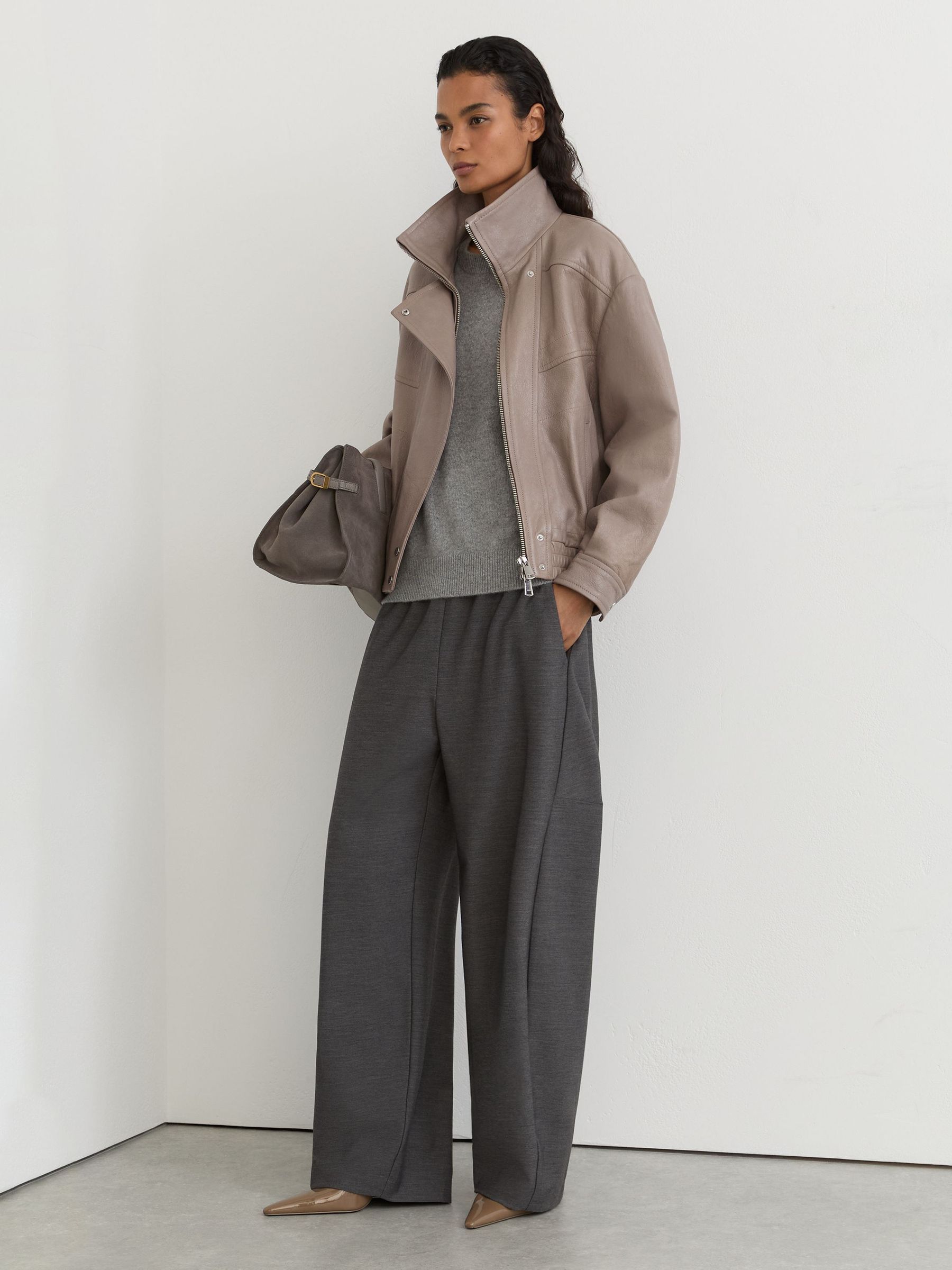 Petite Textured Leather Oversized Jacket in Grey - Image 1 of 10 Petite Textured Leather Oversized Jacket in Grey - Image 1 of 10