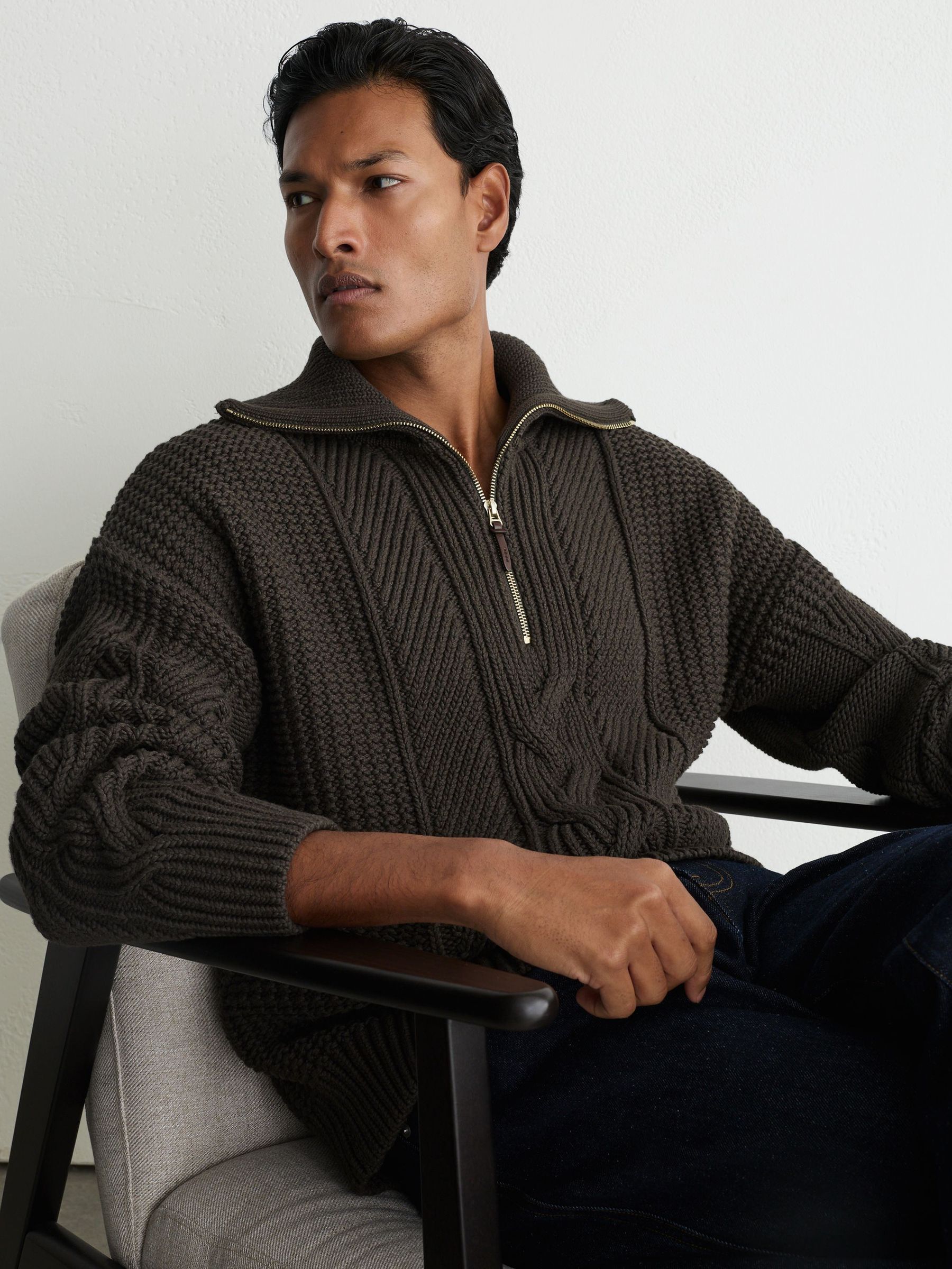 Cotton-Blend Textured-Knit Half-Zip Jumper in Dark Green - Image 1 of 7