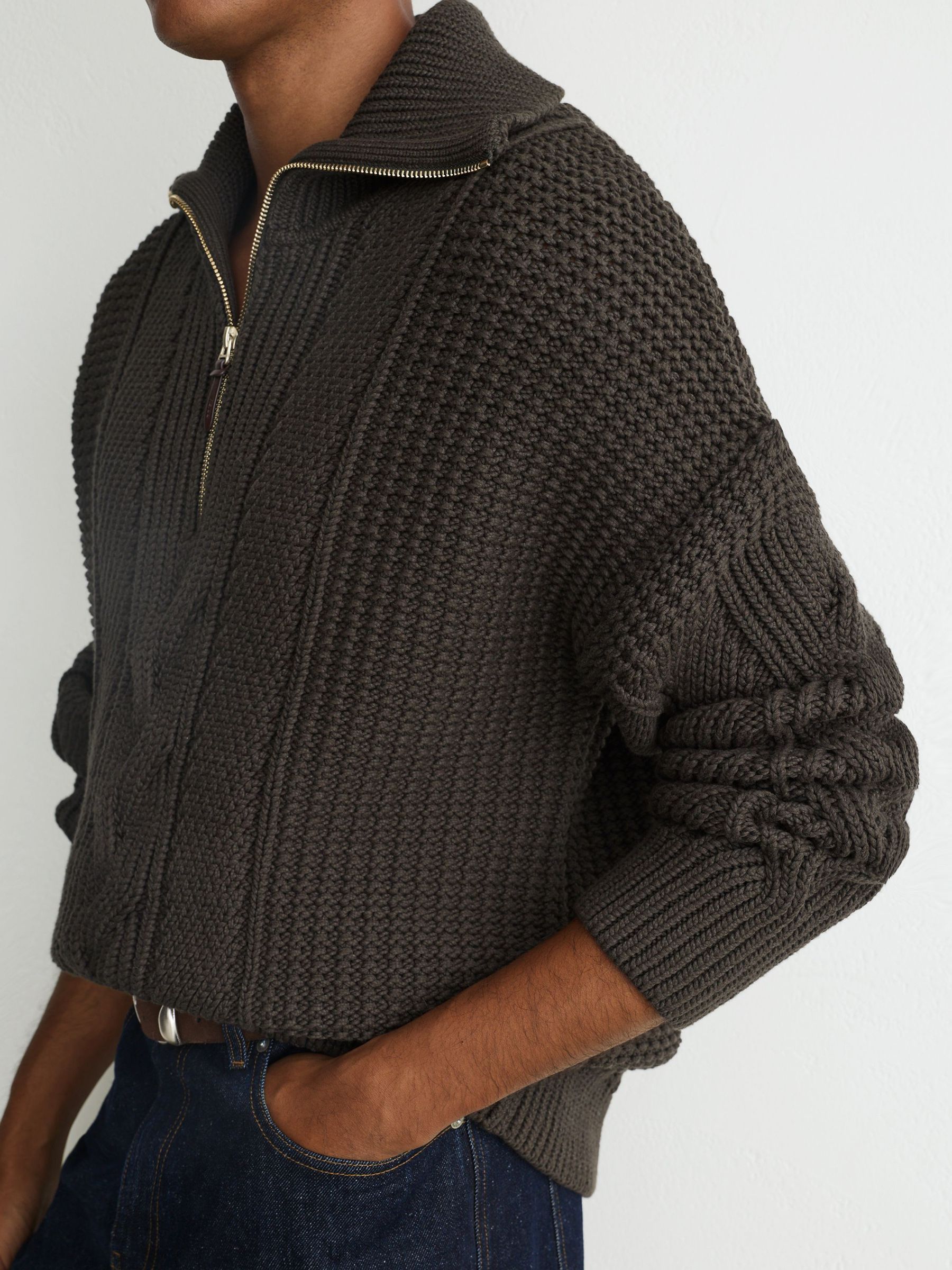 Cotton-Blend Textured-Knit Half-Zip Jumper in Dark Green - Image 4 of 7