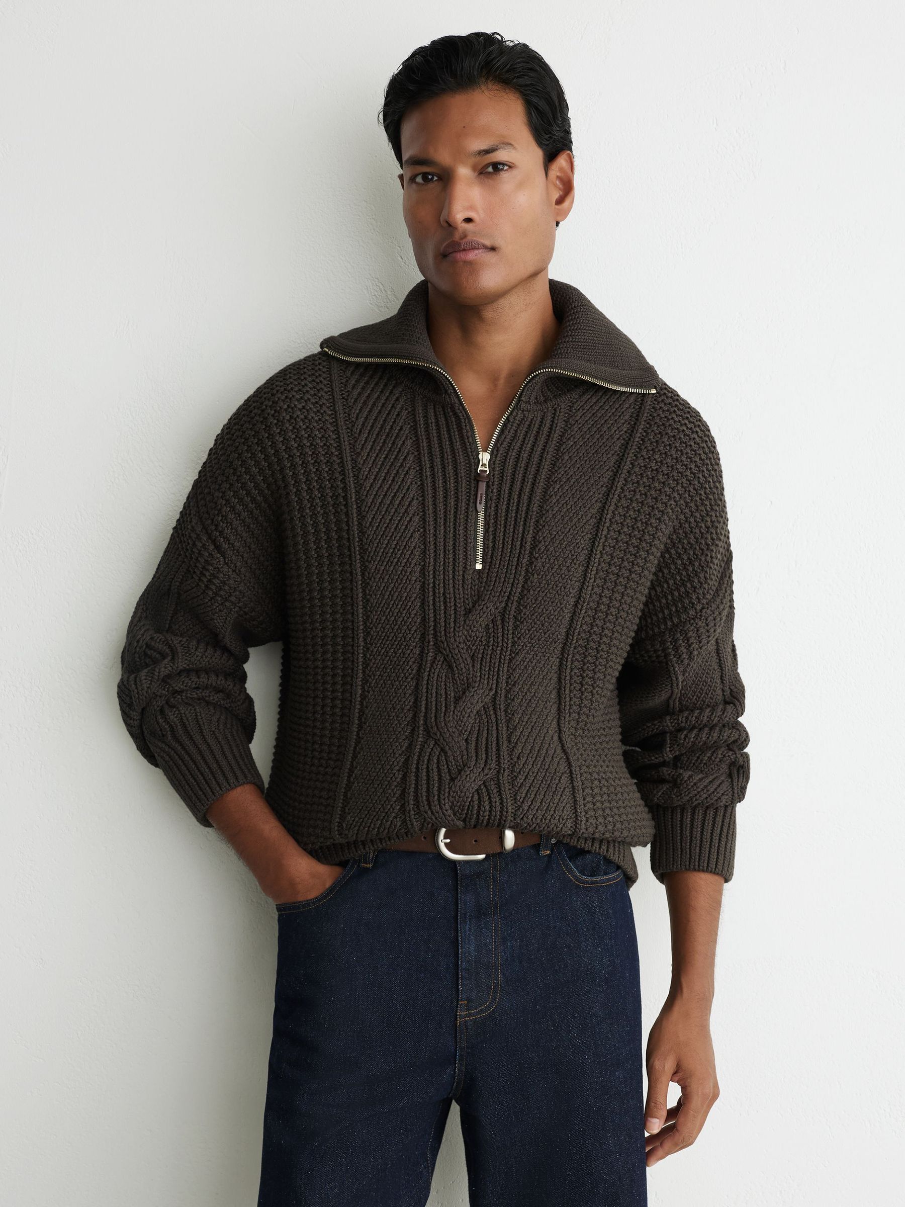 Cotton-Blend Textured-Knit Half-Zip Jumper in Dark Green - Image 5 of 7