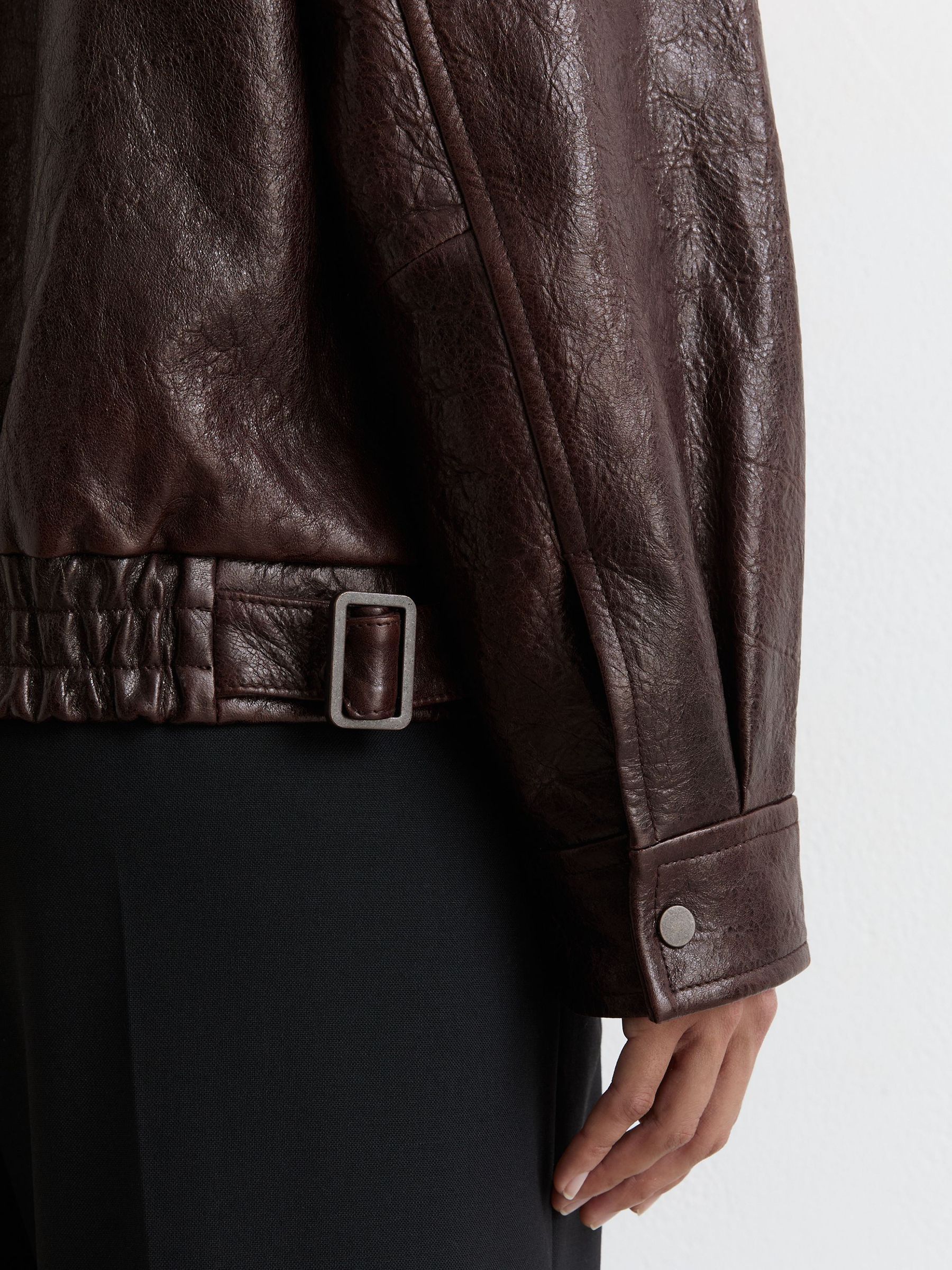Petite Textured Leather Oversized Jacket in Aubergine - Image 4 of 5