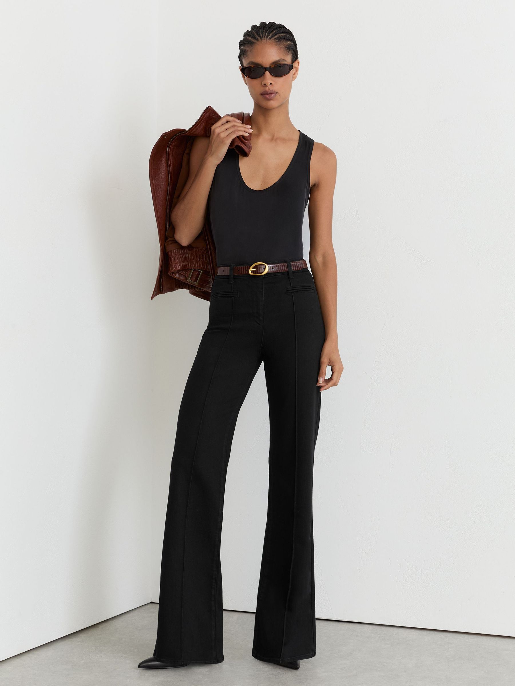 Pintuck-Detail Flared Jeans in Black - Image 1 of 5