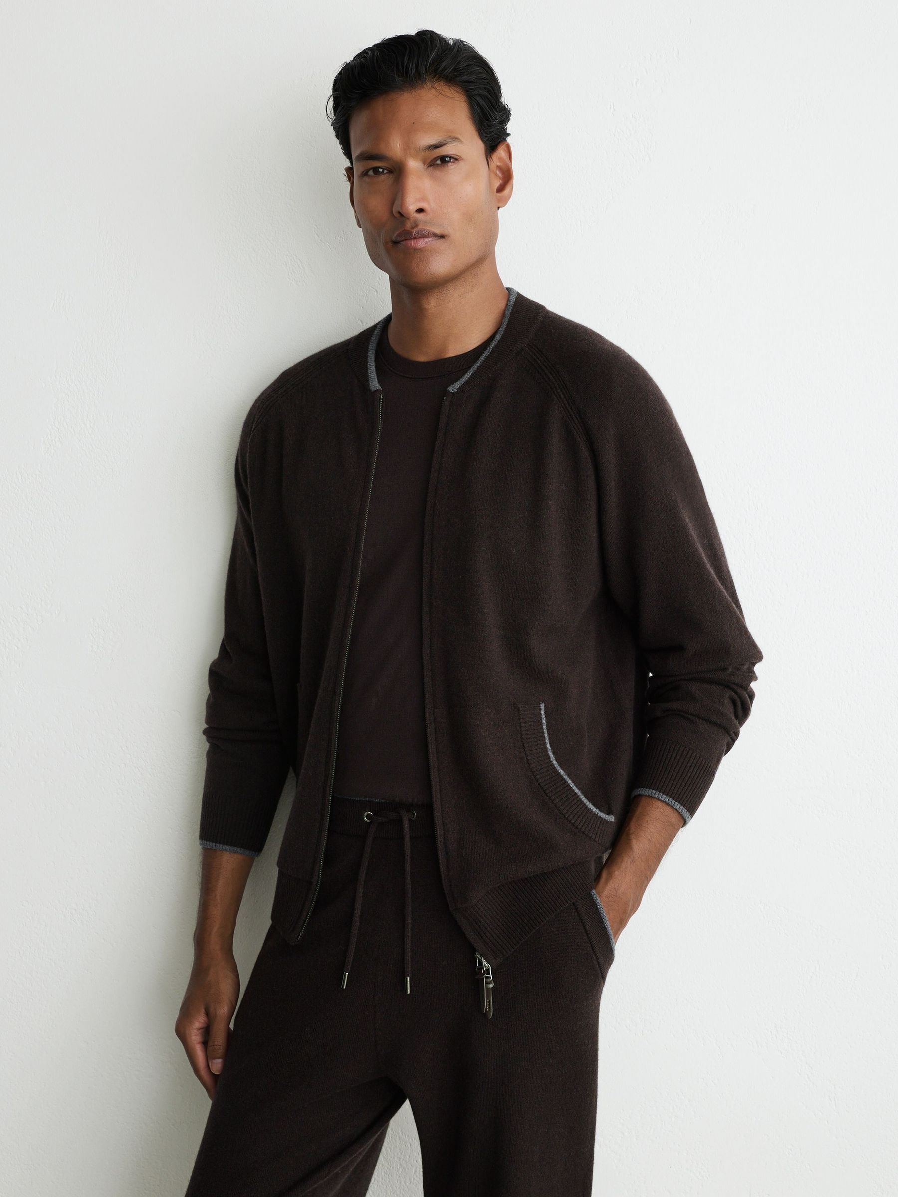 Merino Wool Zip-Through Bomber Cardigan in Chocolate Brown - Image 1 of 8