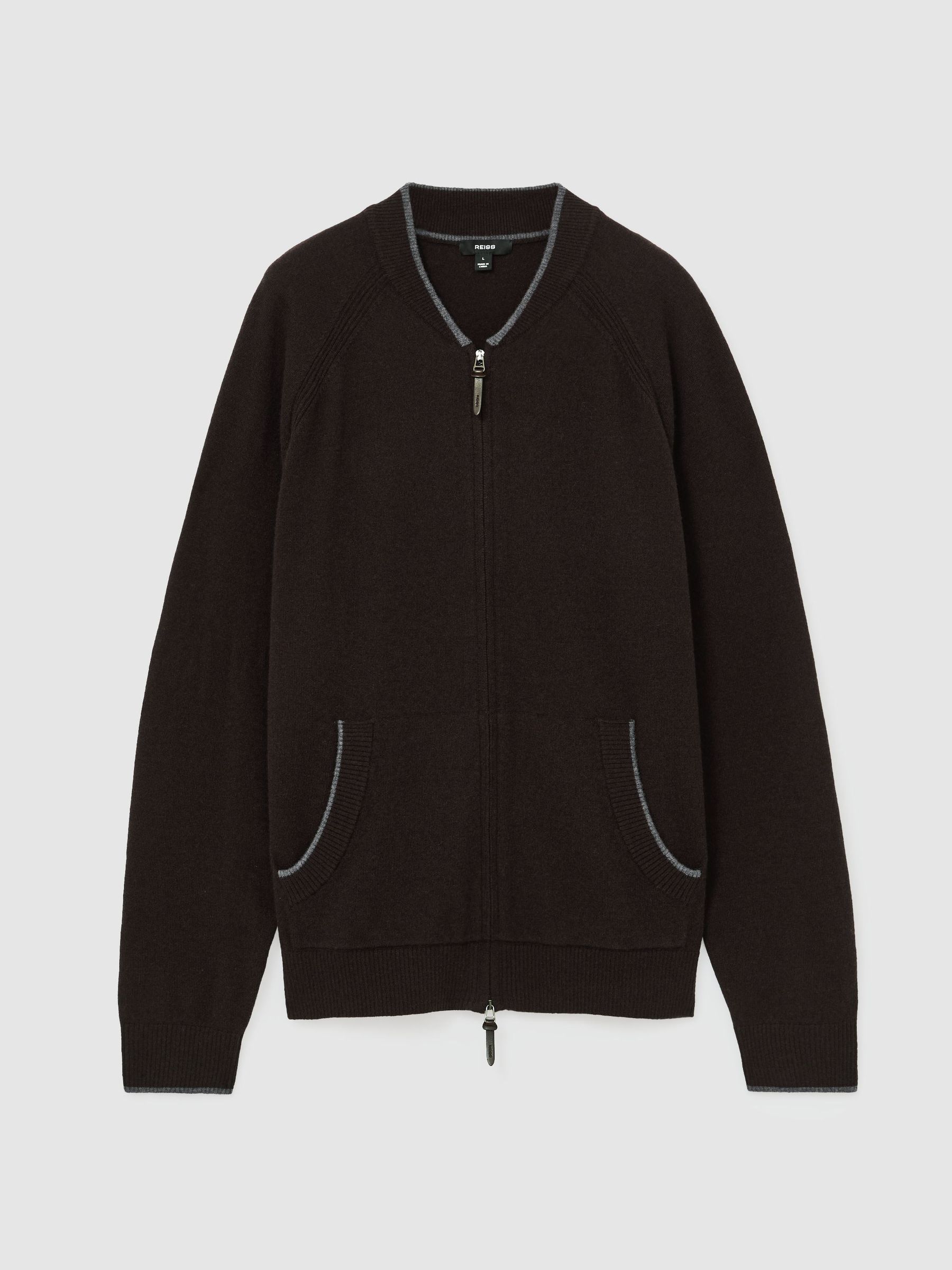 Merino Wool Zip-Through Bomber Cardigan in Chocolate Brown - Image 2 of 8