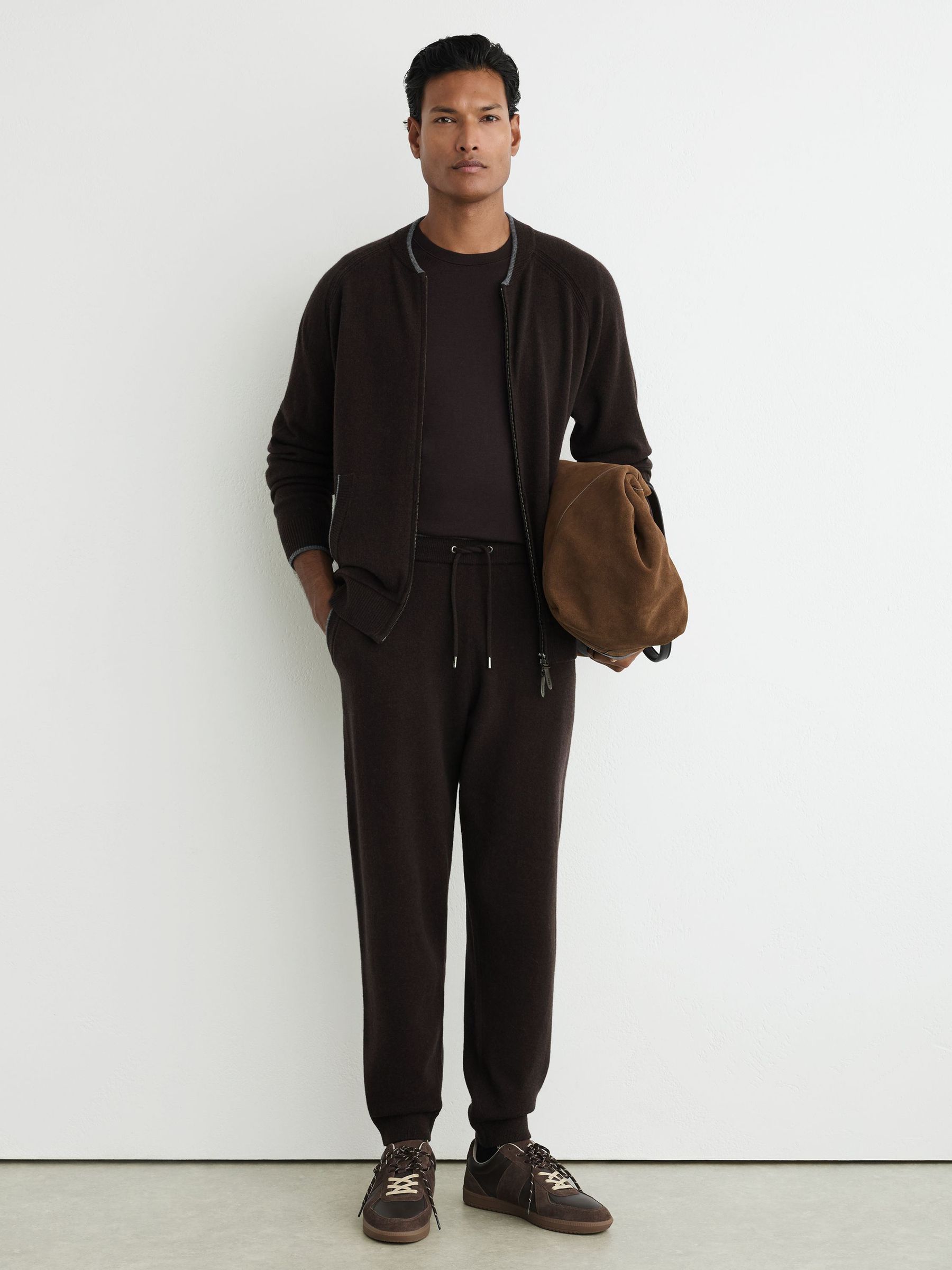 Merino Wool Zip-Through Bomber Cardigan in Chocolate Brown - Image 3 of 8