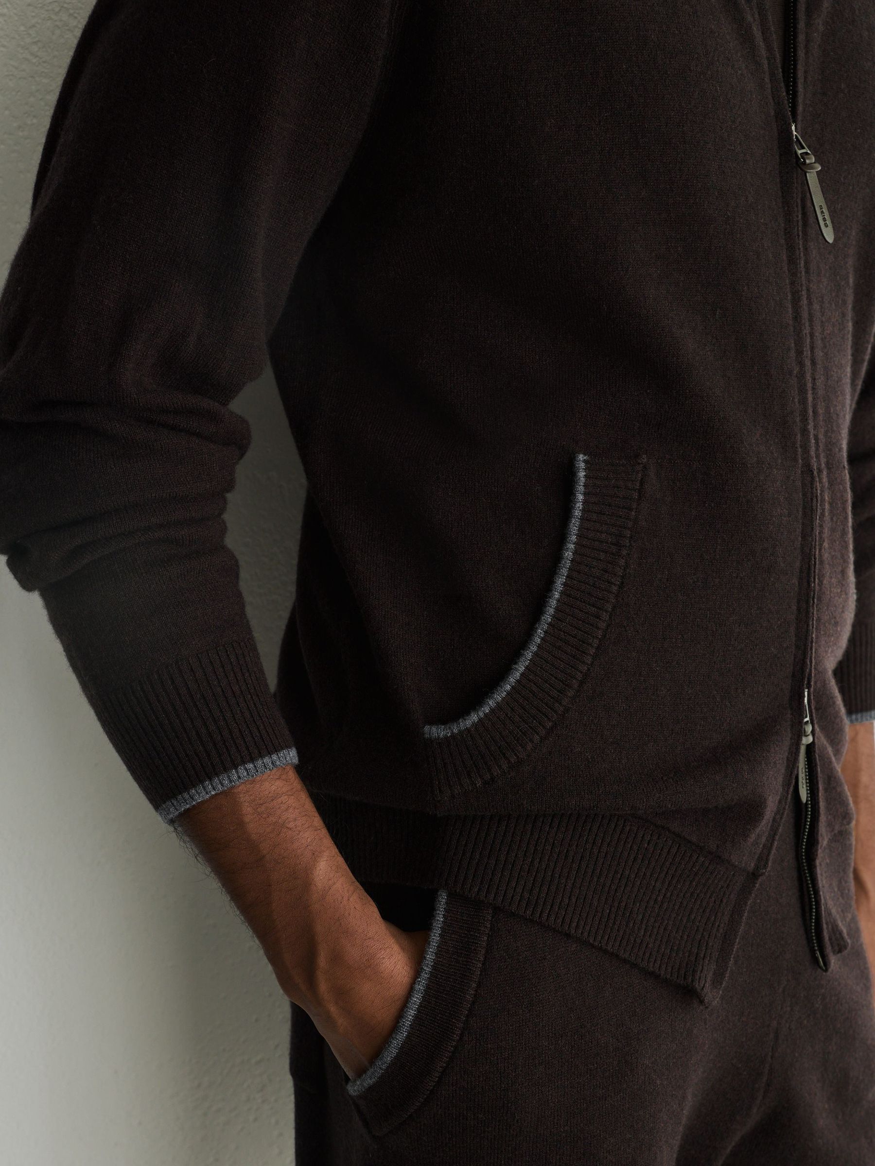 Merino Wool Zip-Through Bomber Cardigan in Chocolate Brown - Image 4 of 8