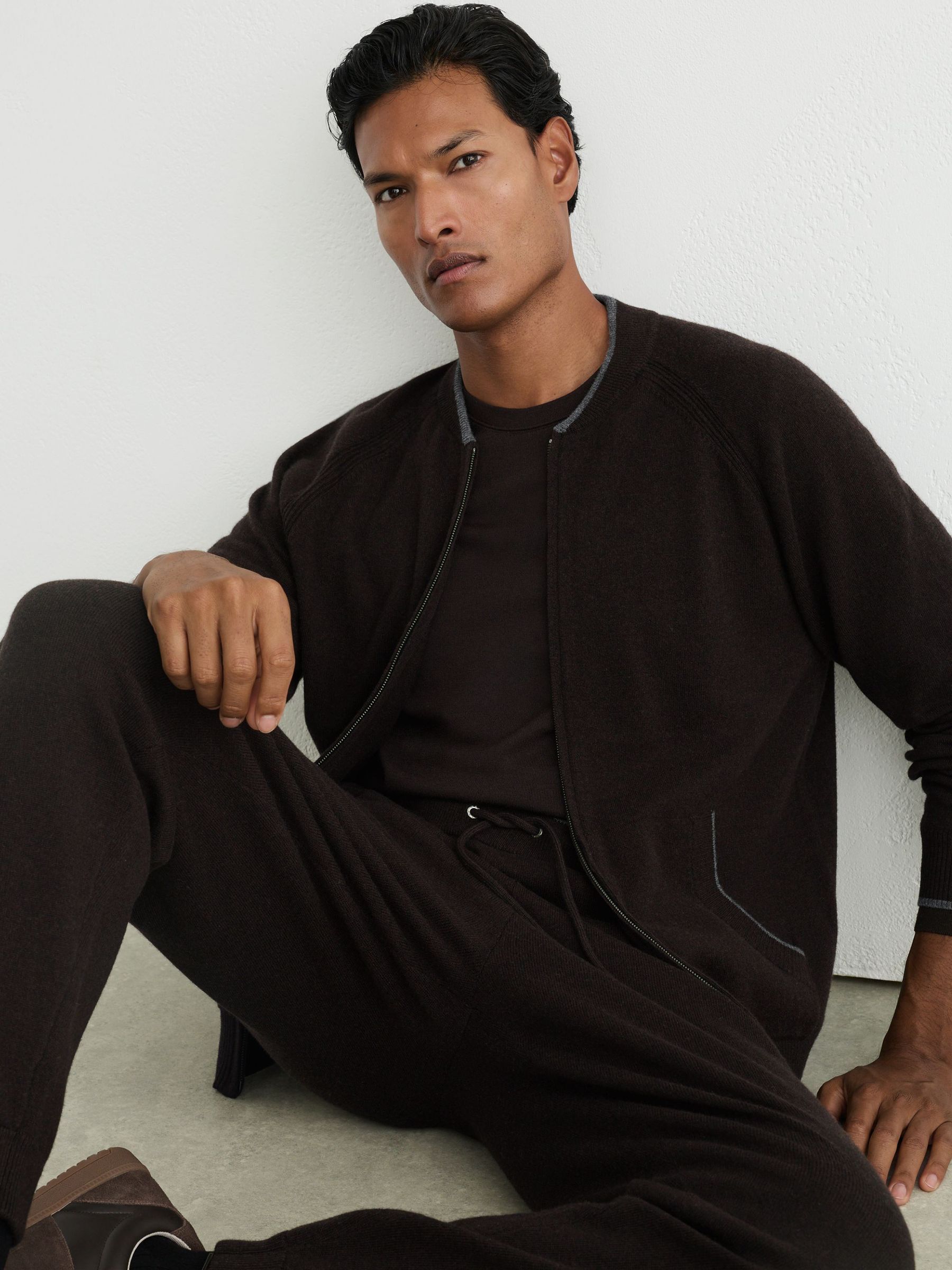 Merino Wool Zip-Through Bomber Cardigan in Chocolate Brown - Image 5 of 8
