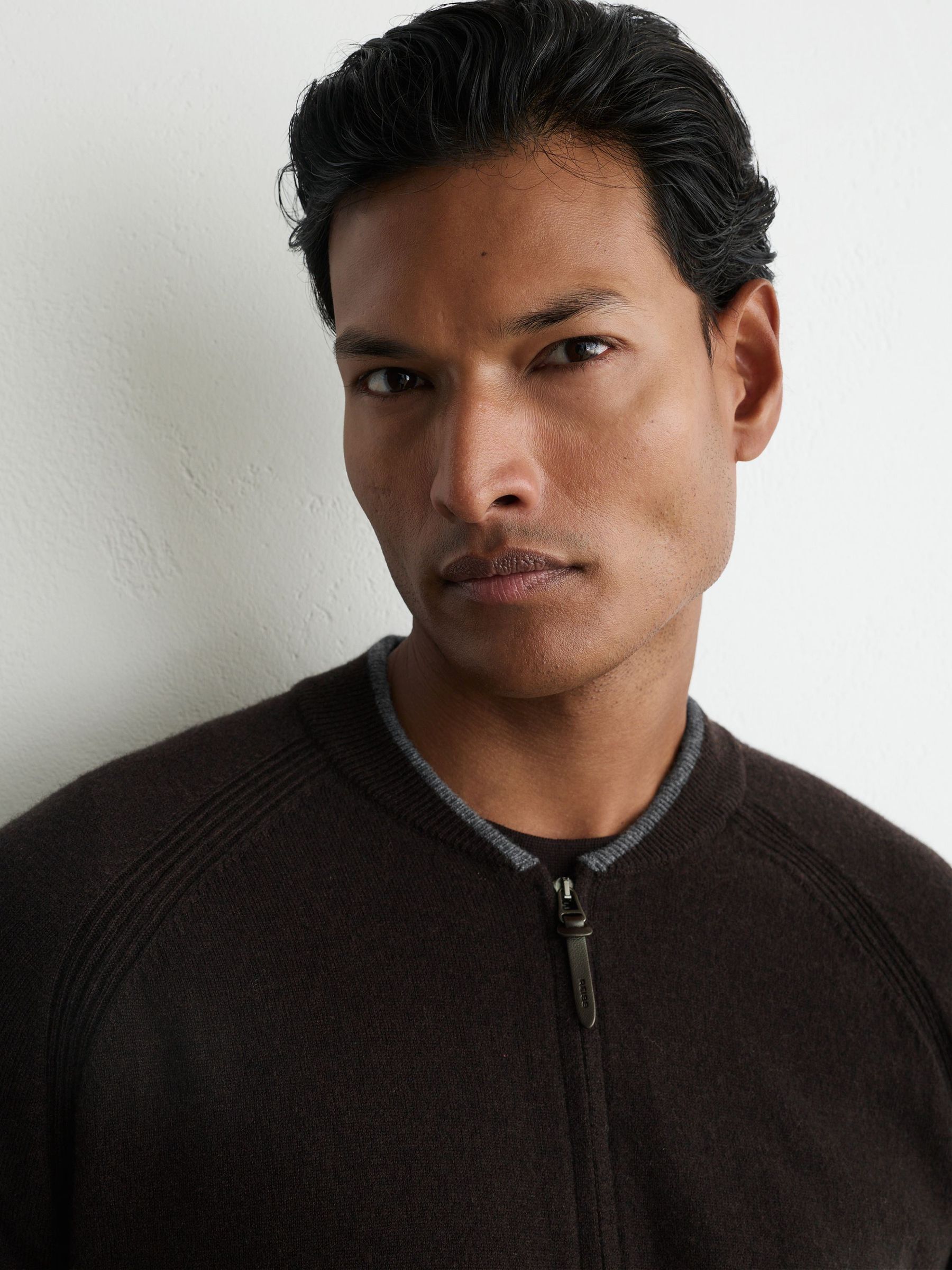 Merino Wool Zip-Through Bomber Cardigan in Chocolate Brown - Image 6 of 8