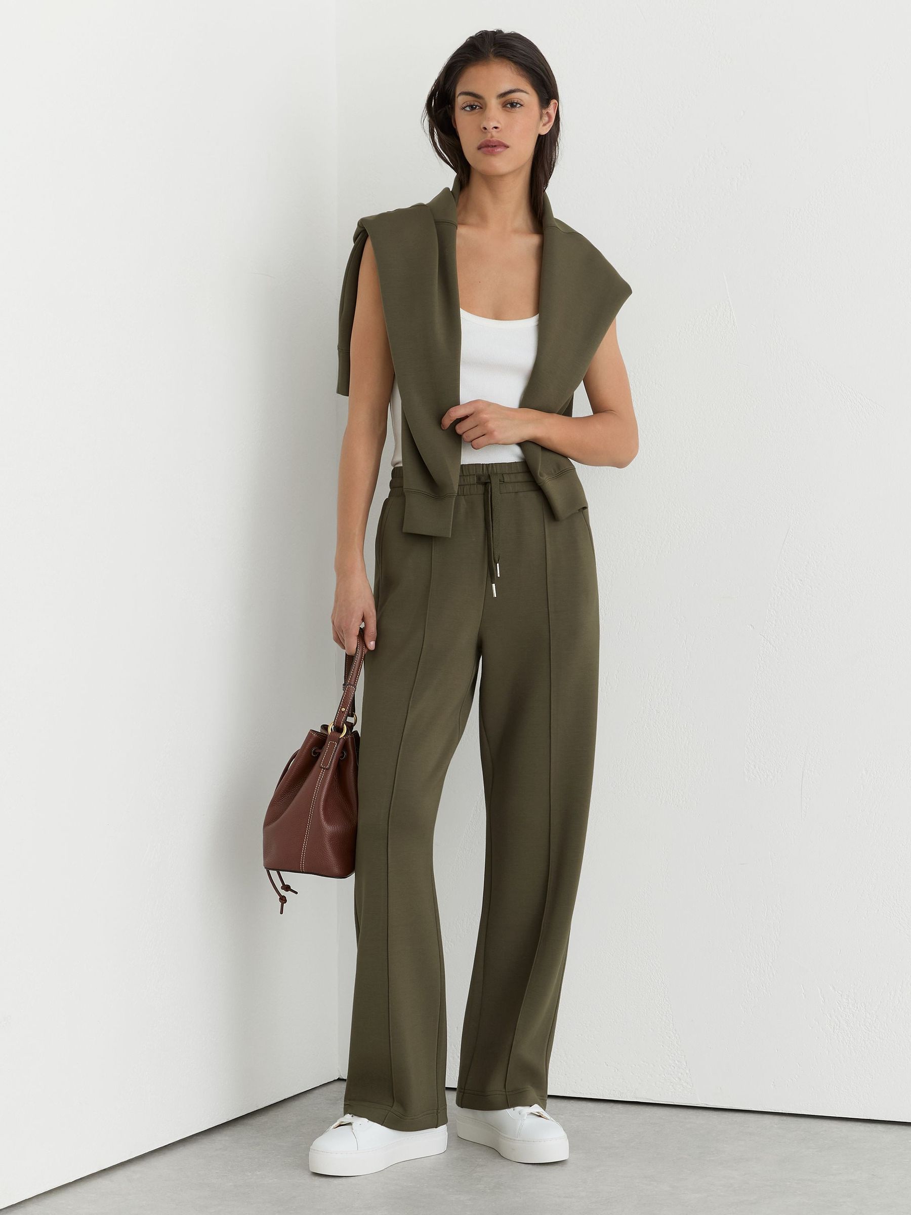 Premium Interlock Wide-Leg Joggers in Khaki Green - Image 1 of 7